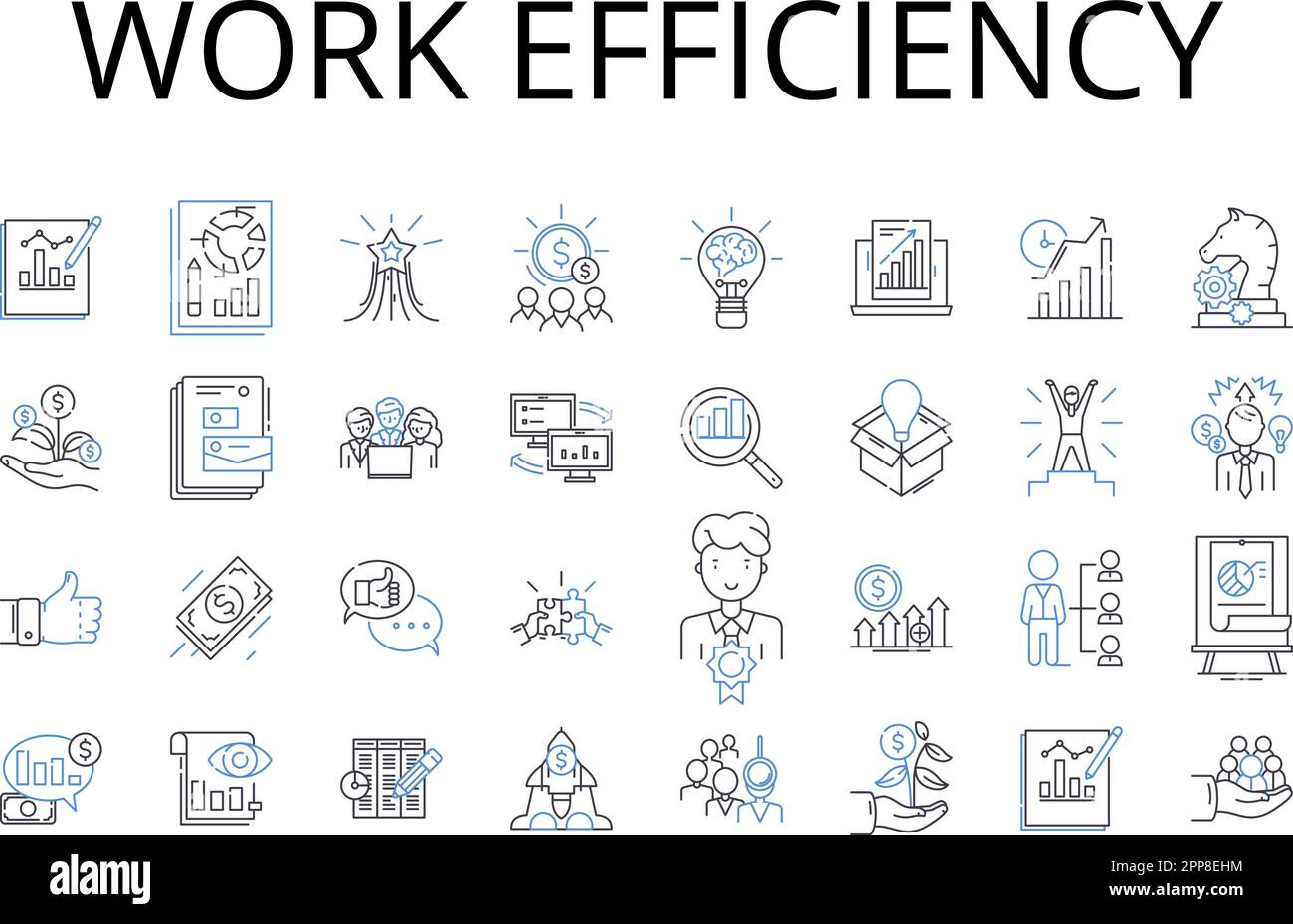 Work efficiency line icons collection. Time management, Productivity boost, Resource utilization, Performance enhancement, Output maximization, Task Stock Vector