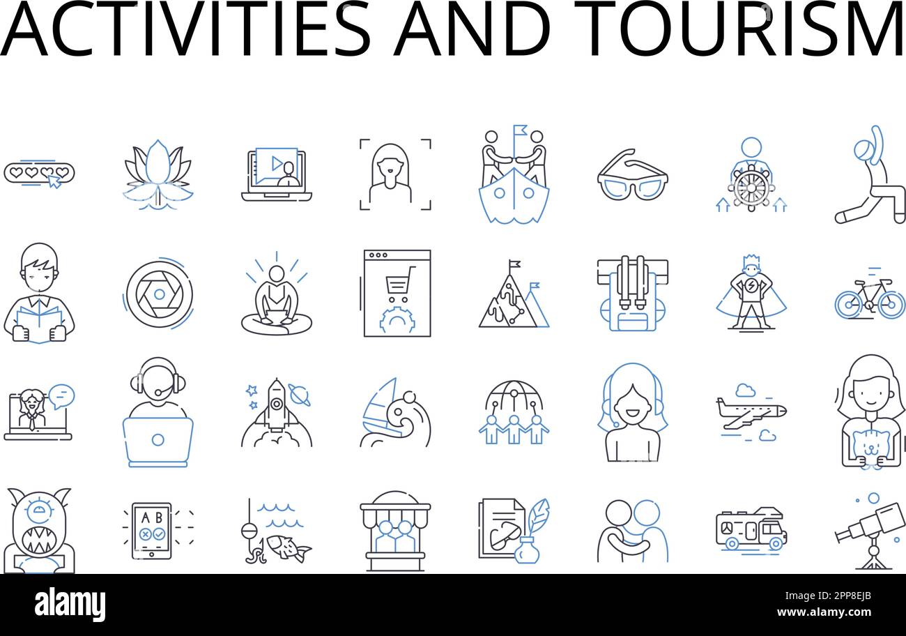Activities and tourism line icons collection. Events and entertainment, Sports and recreation, Music and concerts, Food and dining, Travel and Stock Vector