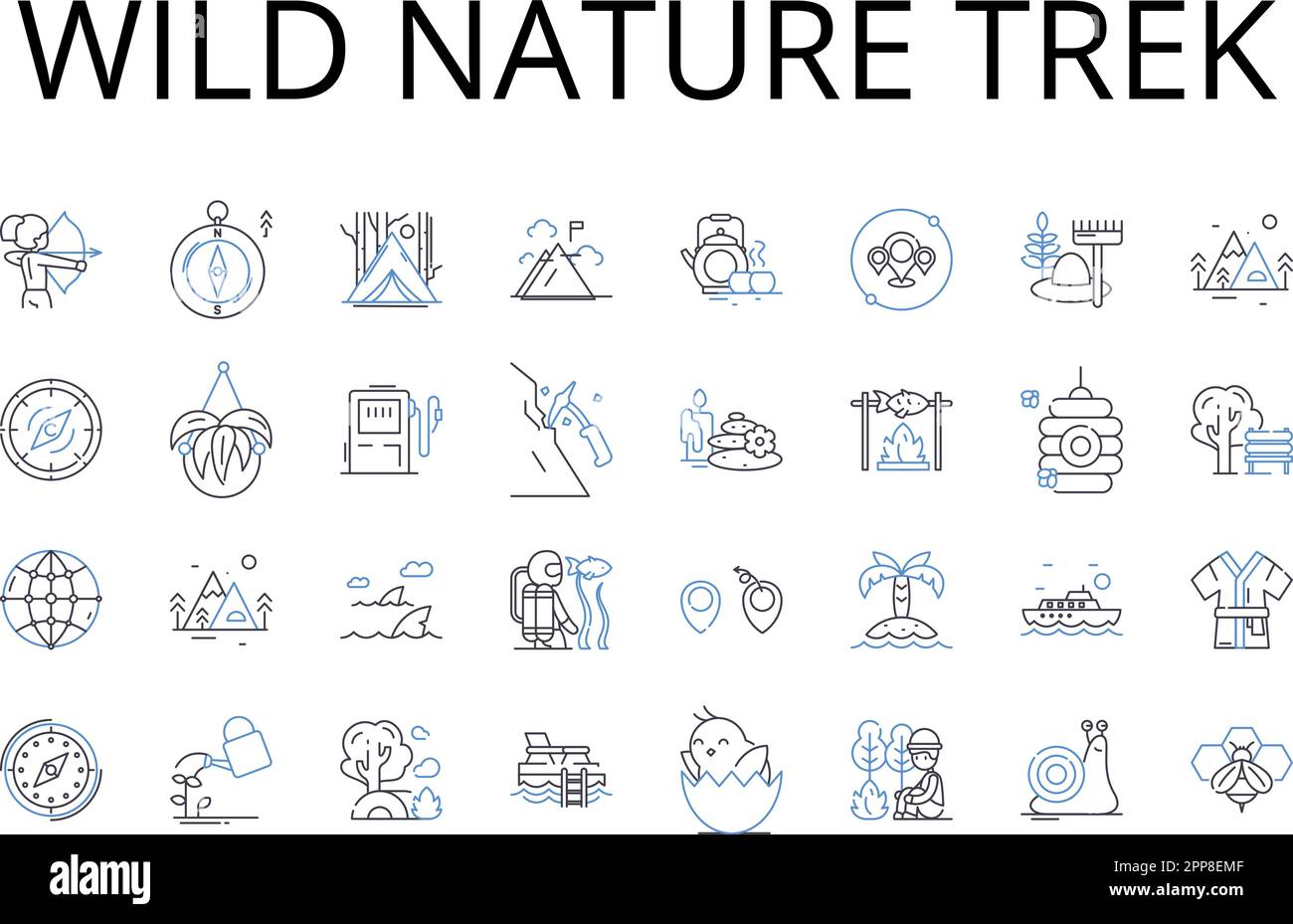 Wild nature trek line icons collection. Rugged mountain climb, Deep sea dive, Serene beach stroll, Majestic waterfall, Mysterious cave exploration Stock Vector