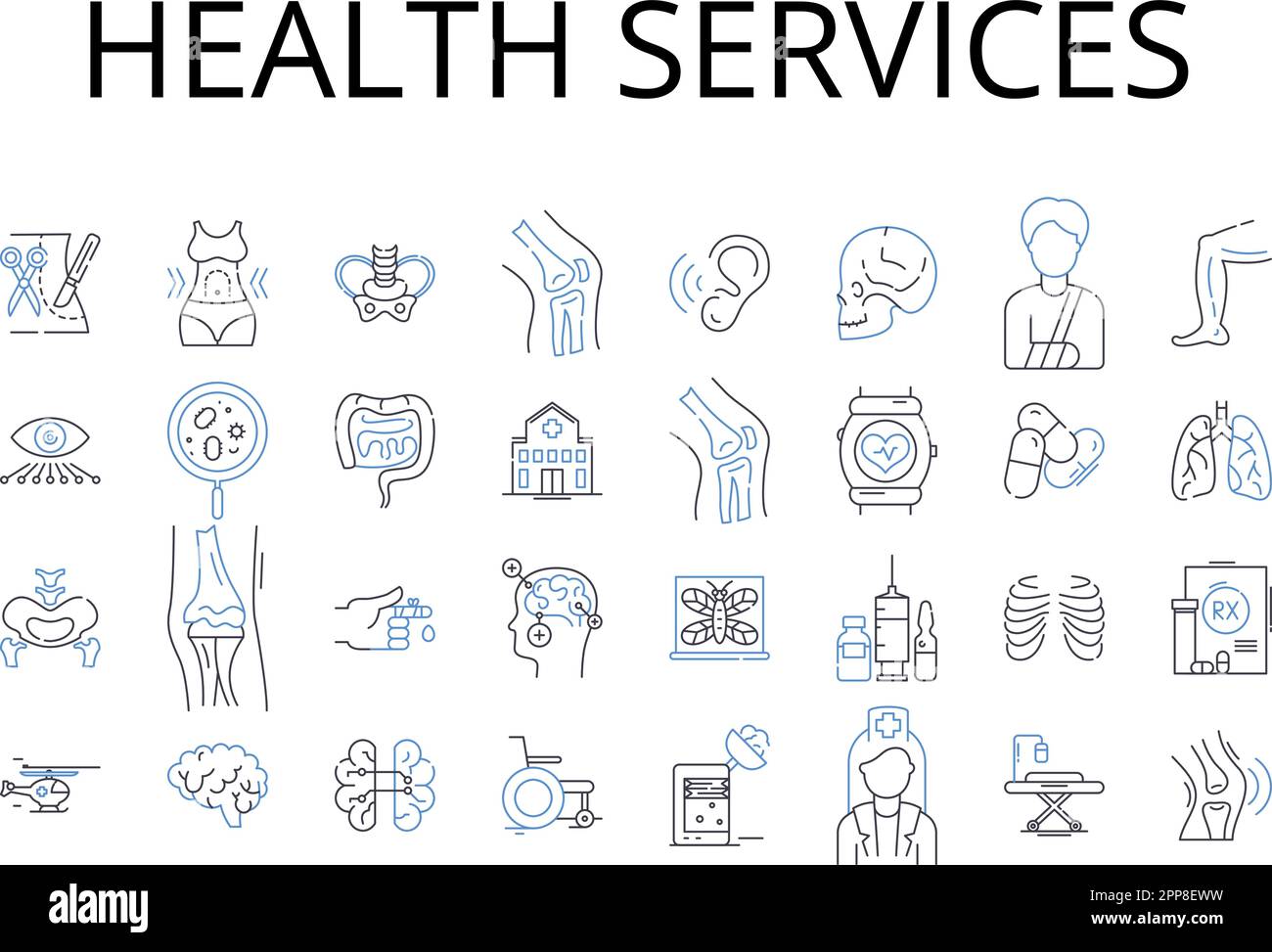 Health services line icons collection. Medical care, Wellness facilities, Healthcare institutions, Physical therapy, Healthcare providers, Holistic Stock Vector