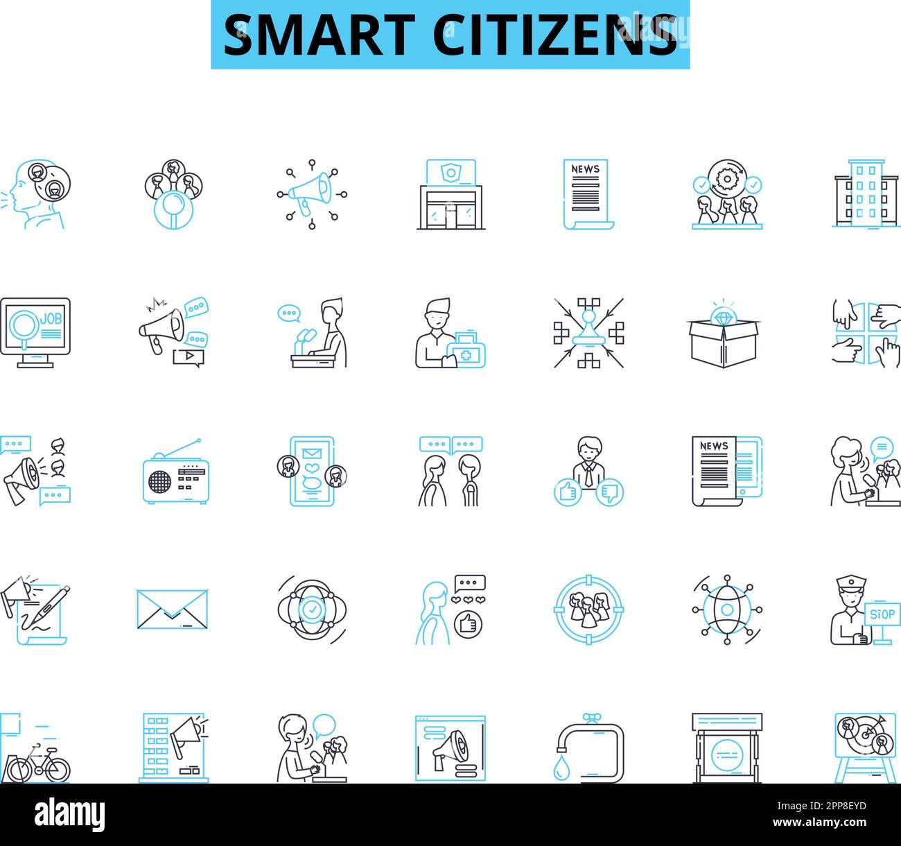 Smart citizens linear icons set. Connected, Digital, Innovative, Aware, Proactive, Collaborative, Engaged line vector and concept signs. Efficient Stock Vector