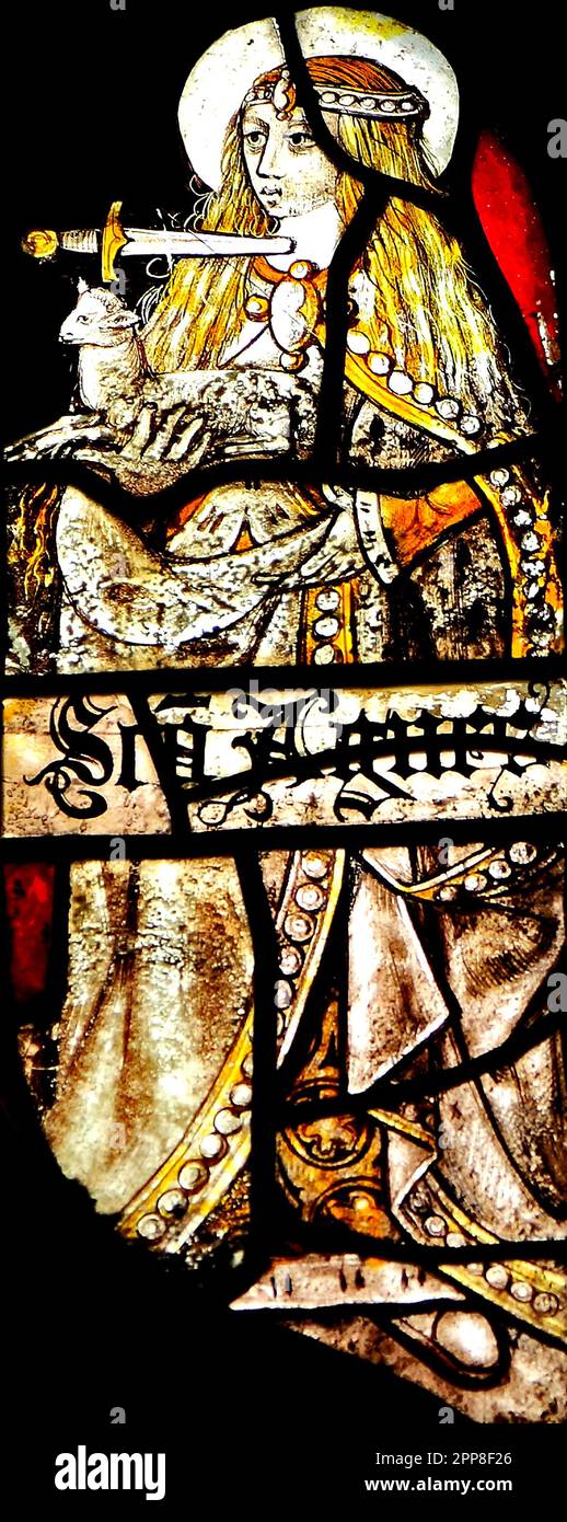 Medieval stained glass, St. Agnes, Saint, with dagger at her neck