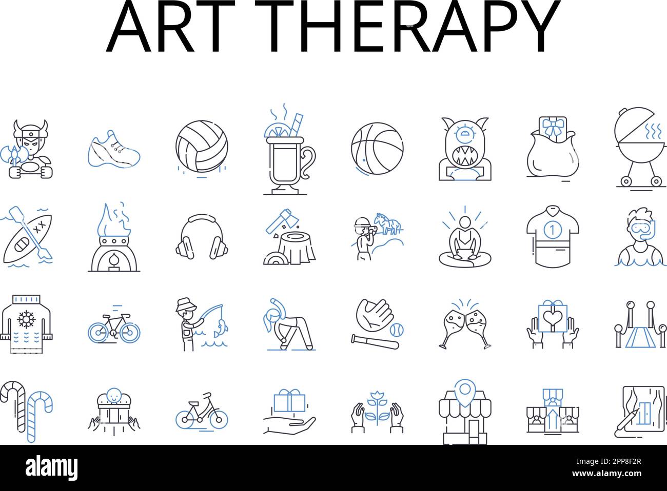 Art therapy line icons collection. Music therapy, Play therapy, Drama therapy, Movement therapy, Narrative therapy, Gestalt therapy, Poetry therapy Stock Vector