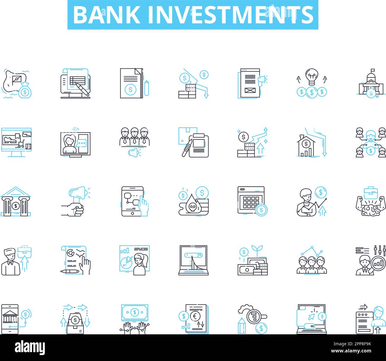 Bank investments linear icons set. Portfolio, Diversification, Yield, Return, Risk, Growth, Securities line vector and concept signs. Bonds,Equity Stock Vector