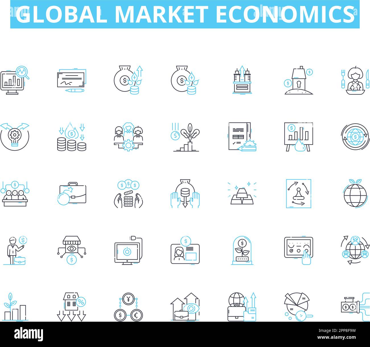 Global market economics linear icons set. Trade, Inflation, Tariffs, Exports, Imports, Currency, Finance line vector and concept signs. Stocks,Bonds Stock Vector