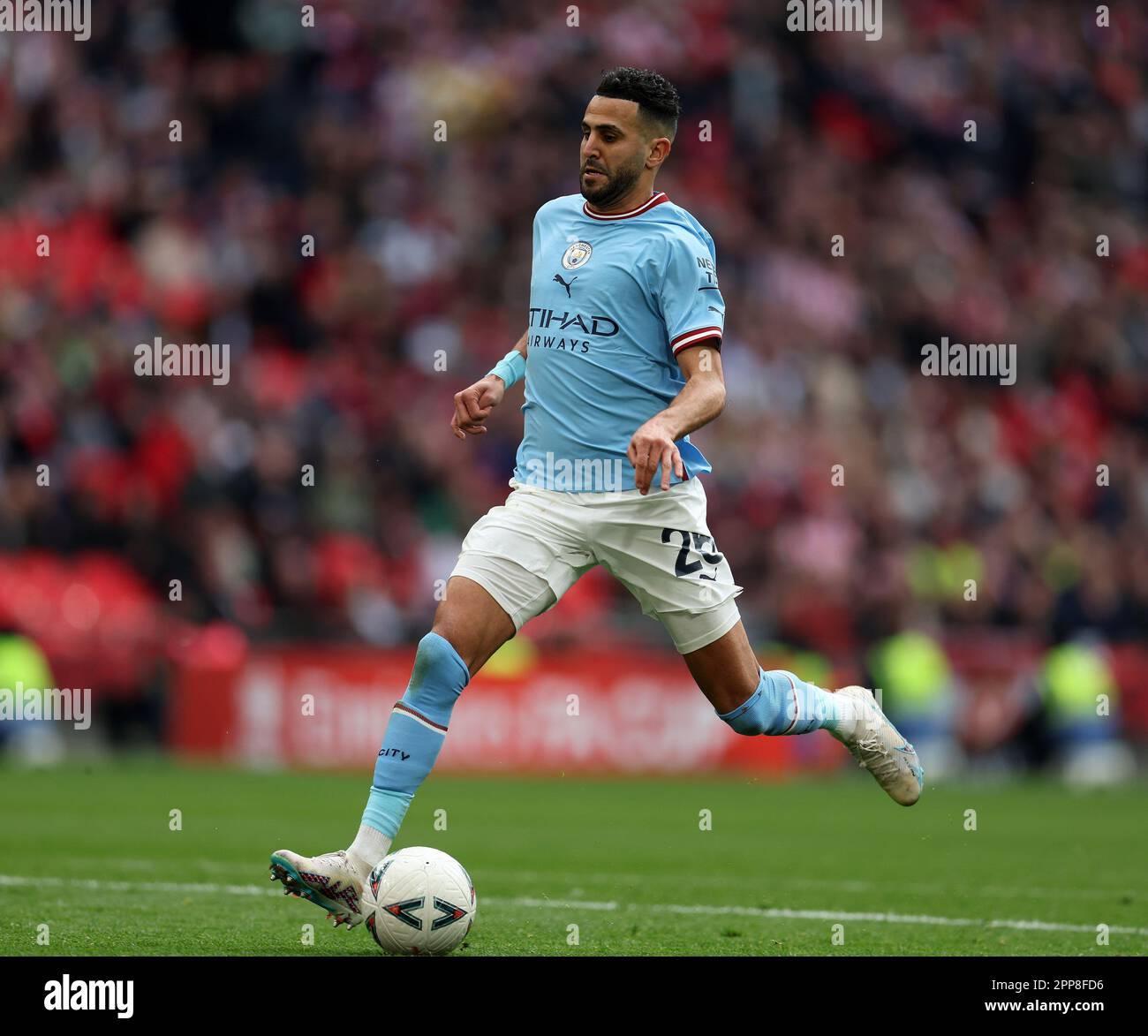 London, UK. 22nd Apr, 2023. Riyad Mahrez of Manchester City in action. The Emirates FA Cup, semi final, Manchester City v Sheffield Utd at Wembley Stadium in London on Saturday 22nd April 2023. Editorial use only. pic by Andrew Orchard/Andrew Orchard sports photography/Alamy Live News Credit: Andrew Orchard sports photography/Alamy Live News Stock Photo