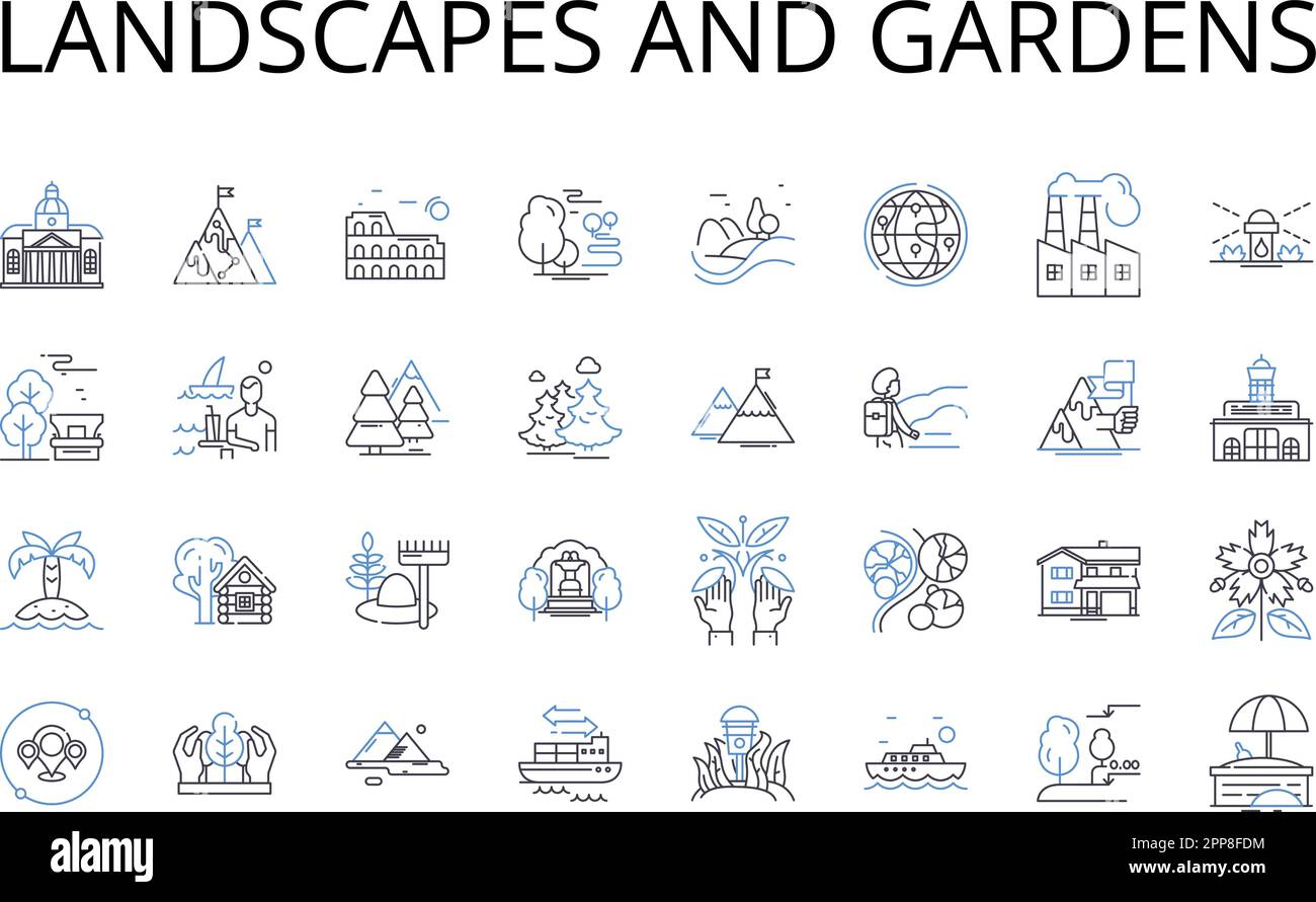 Landscapes and gardens line icons collection. Sea view, Beach access, Mountain outlook, Skyline panorama, Forest trails, Country retreat, Urban jungle Stock Vector
