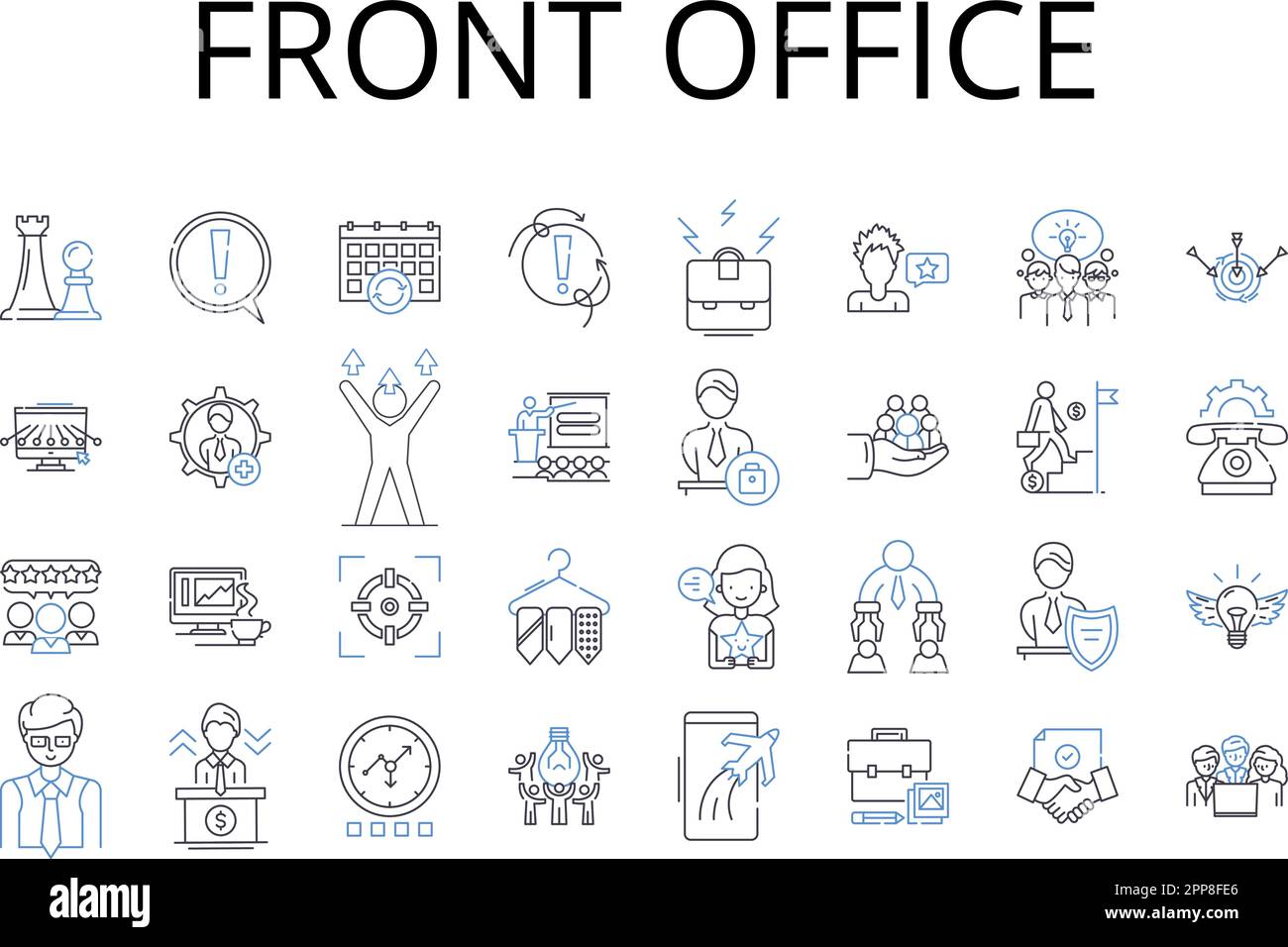 Front office line icons collection. Backstage area, Customer service, Reception desk, Administrative support, Executive suite, Service center, Guest Stock Vector