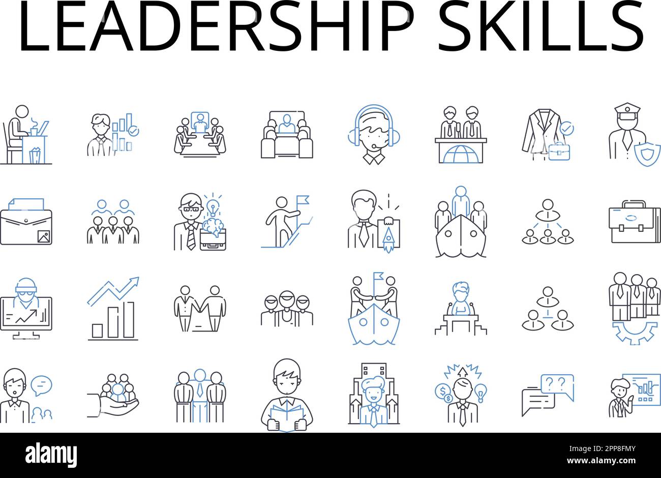 Leadership skills line icons collection. Communication skills, Teamwork skills, Problem-solving skills, Time management skills, Critical thinking Stock Vector