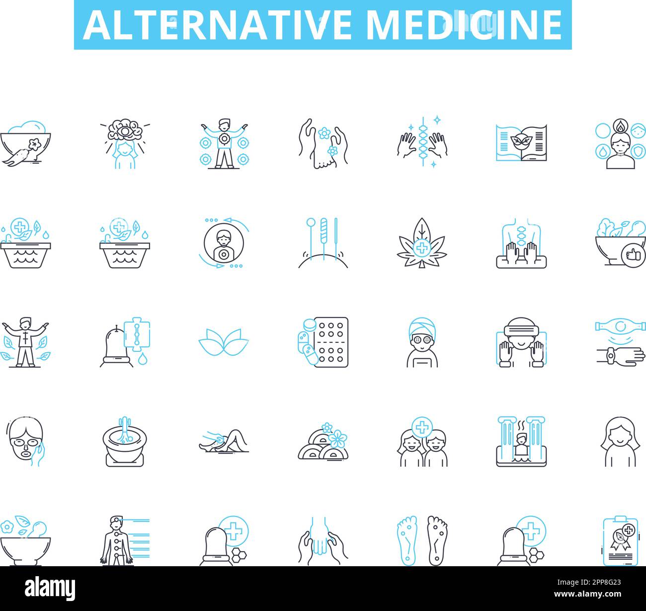 Alternative medicine linear icons set. Acupuncture, Aromatherapy, Ayurveda, Biofeedback, Chakra, Chiropractic, Detoxification line vector and concept Stock Vector