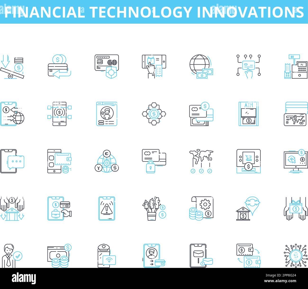 Financial technology innovations linear icons set. Cryptocurrency, Blockchain, Digital wallets, Peer-to-peer lending, Robo-advisors, Artificial Stock Vector