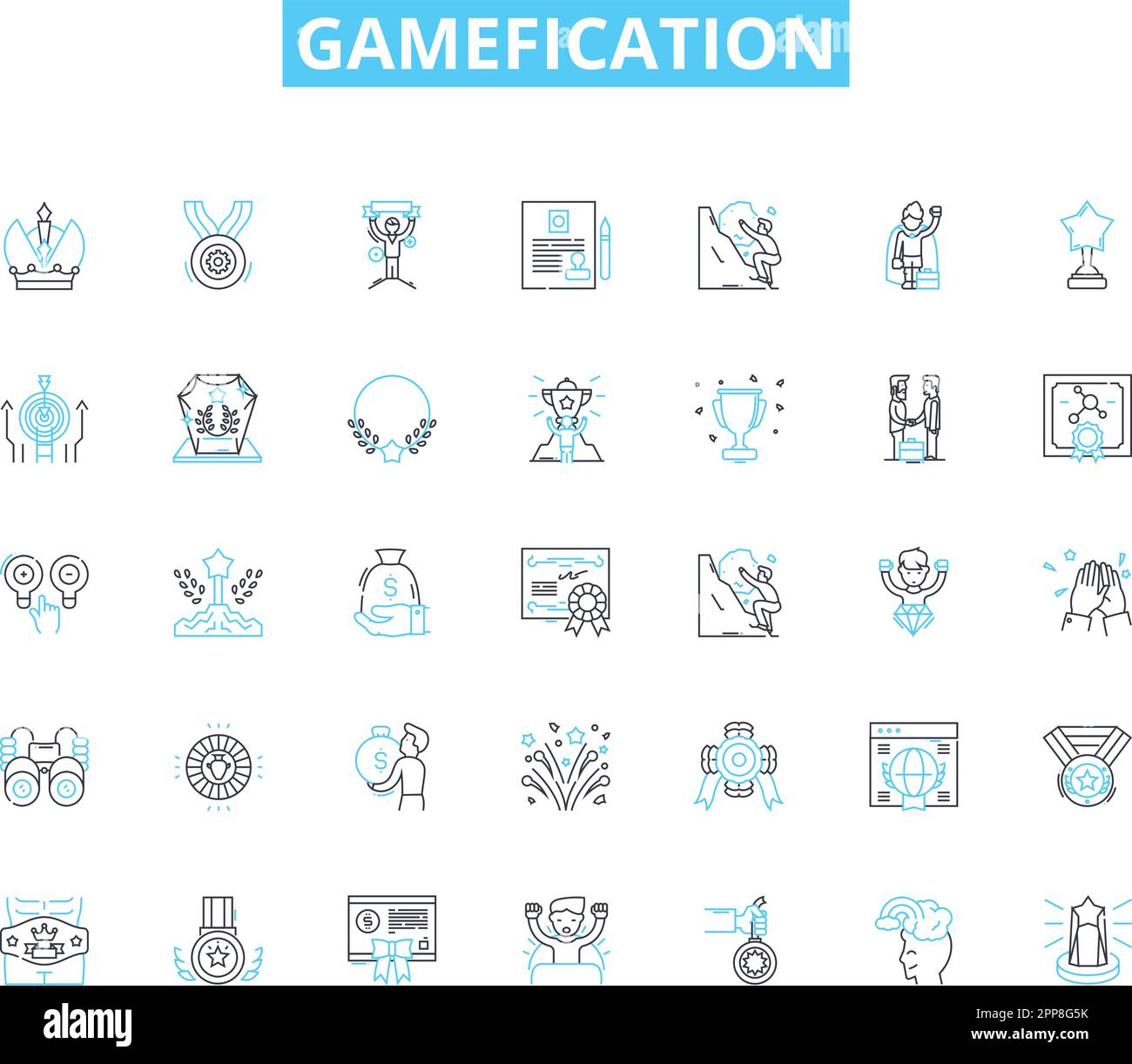 Gamefication linear icons set. Engagement, Motivation, Rewards, Challenge, Progression, Feedback, Achievement line vector and concept signs Stock Vector