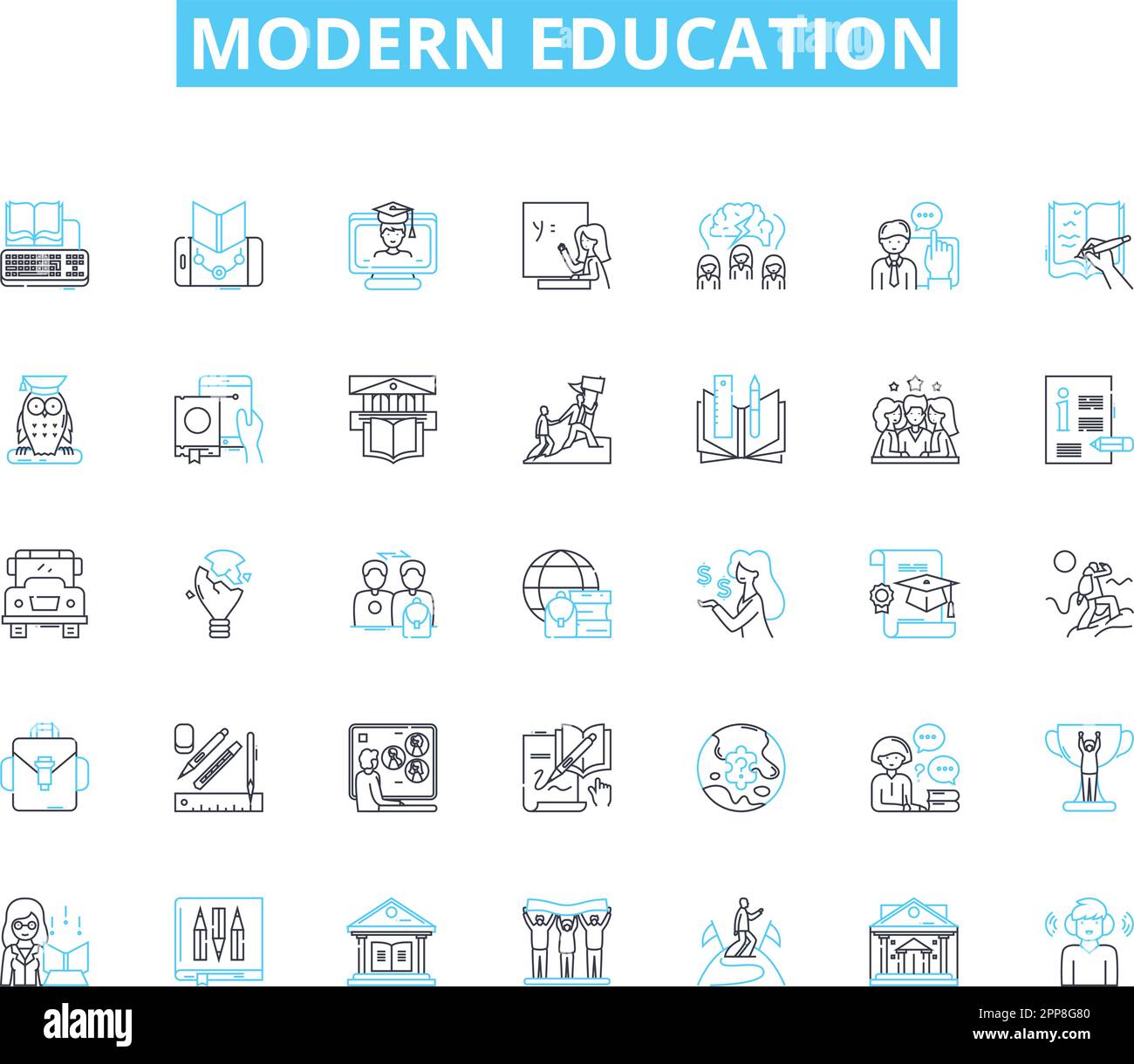 Modern education linear icons set. Technology, Collaboration, Innovation, Flexibility, Adaptability, Creativity, Interdisciplinarity line vector and Stock Vector