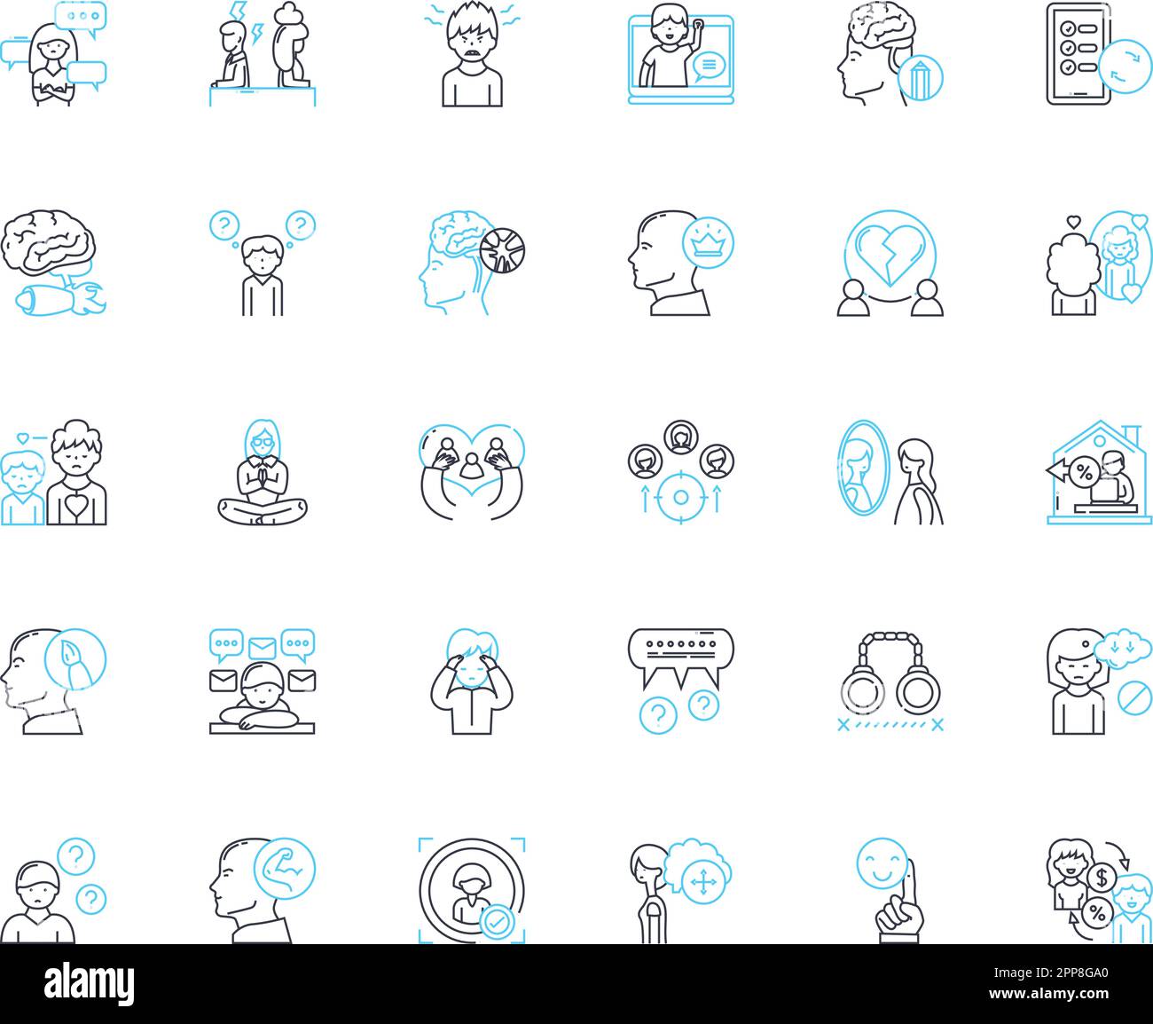 Mental science linear icons set. Psychology, Psychotherapy, Mental health, Cognition, Emotion, Perception, Mood line vector and concept signs. Anxiety Stock Vector