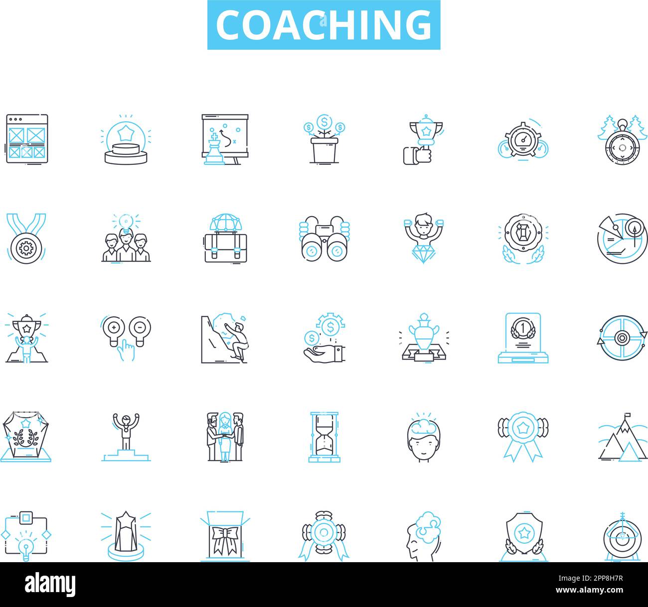 Coaching linear icons set. Mentorship, Guidance, Empowerment, Support, Development, Encouragement, Motivation line vector and concept signs Stock Vector