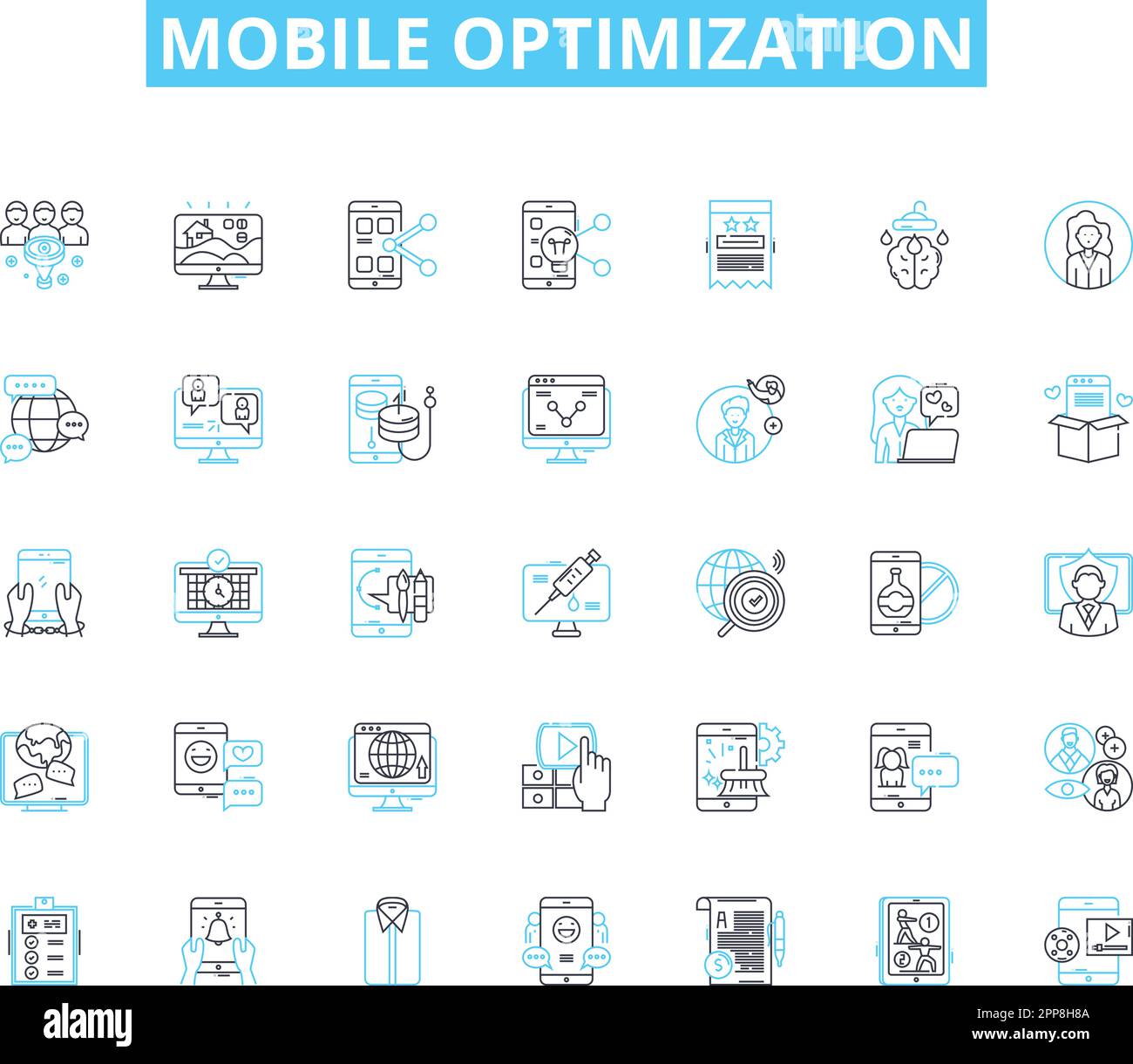 Mobile optimization linear icons set. Responsiveness, Compatibility, Adaptability, Streamlining, Efficiency, Accessibility, User-friendliness line Stock Vector