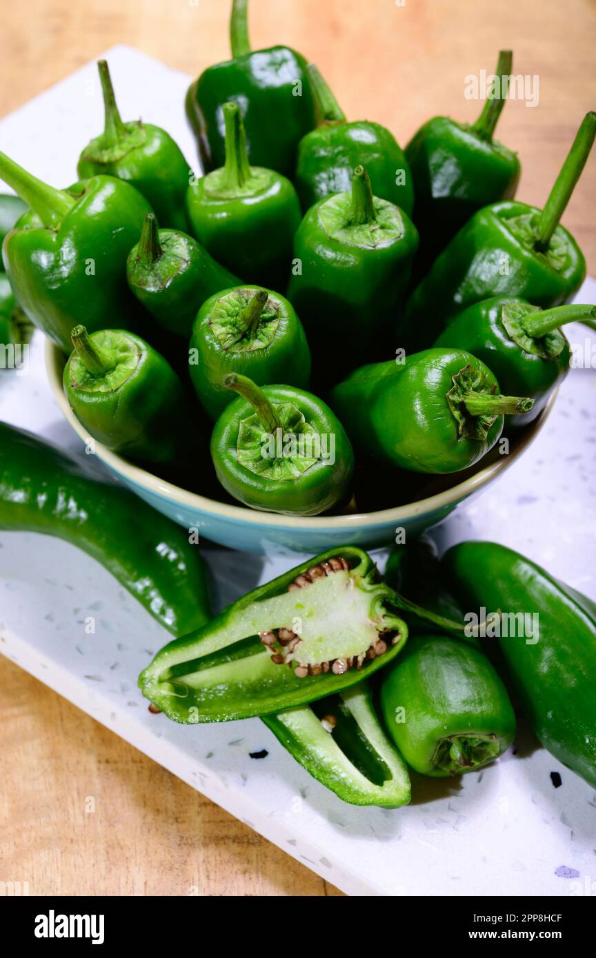 Fresh green mild padron pepper pementos, ready for grill or to be fried