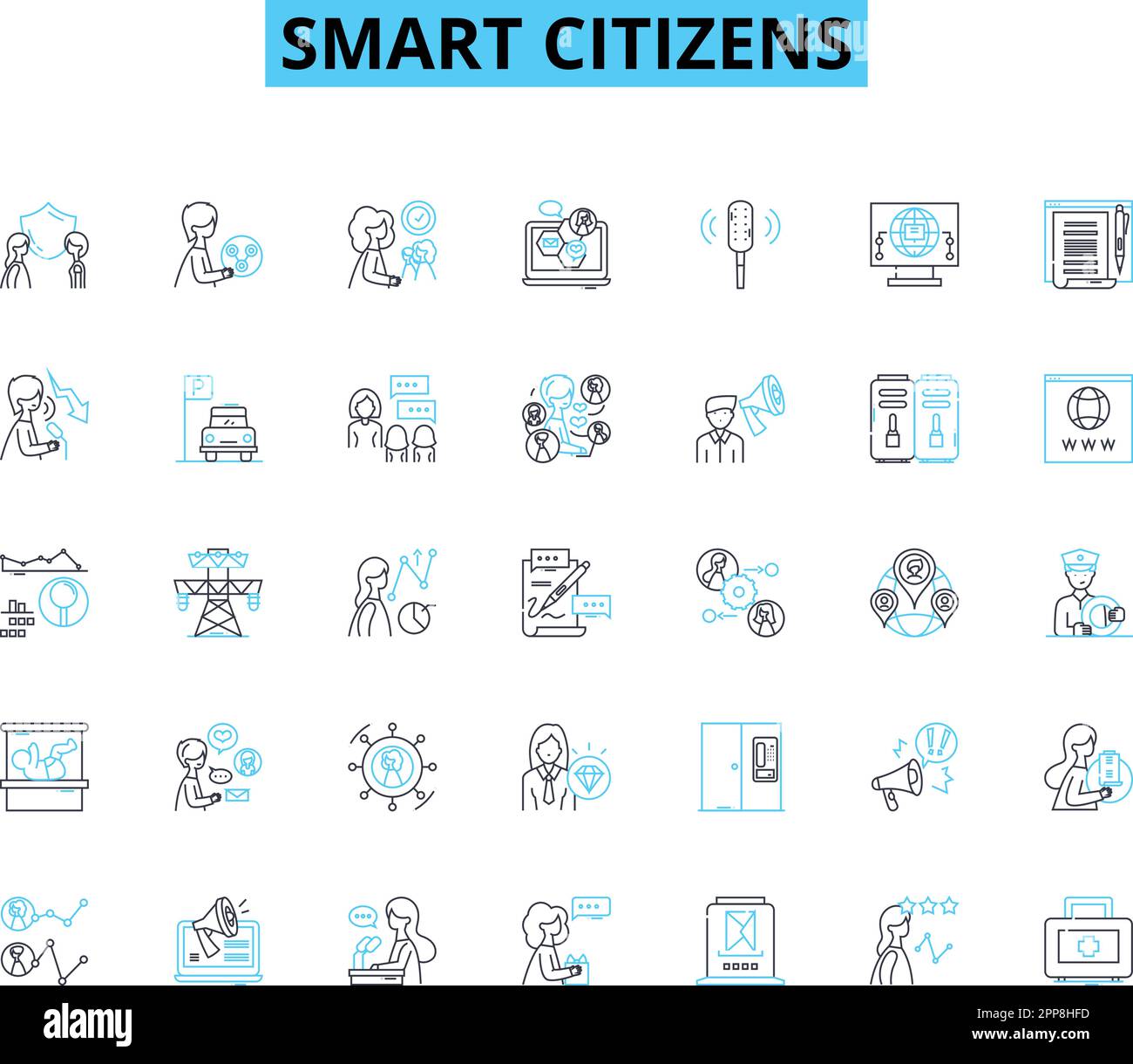 Smart citizens linear icons set. Connected, Digital, Innovative, Aware, Proactive, Collaborative, Engaged line vector and concept signs. Efficient Stock Vector