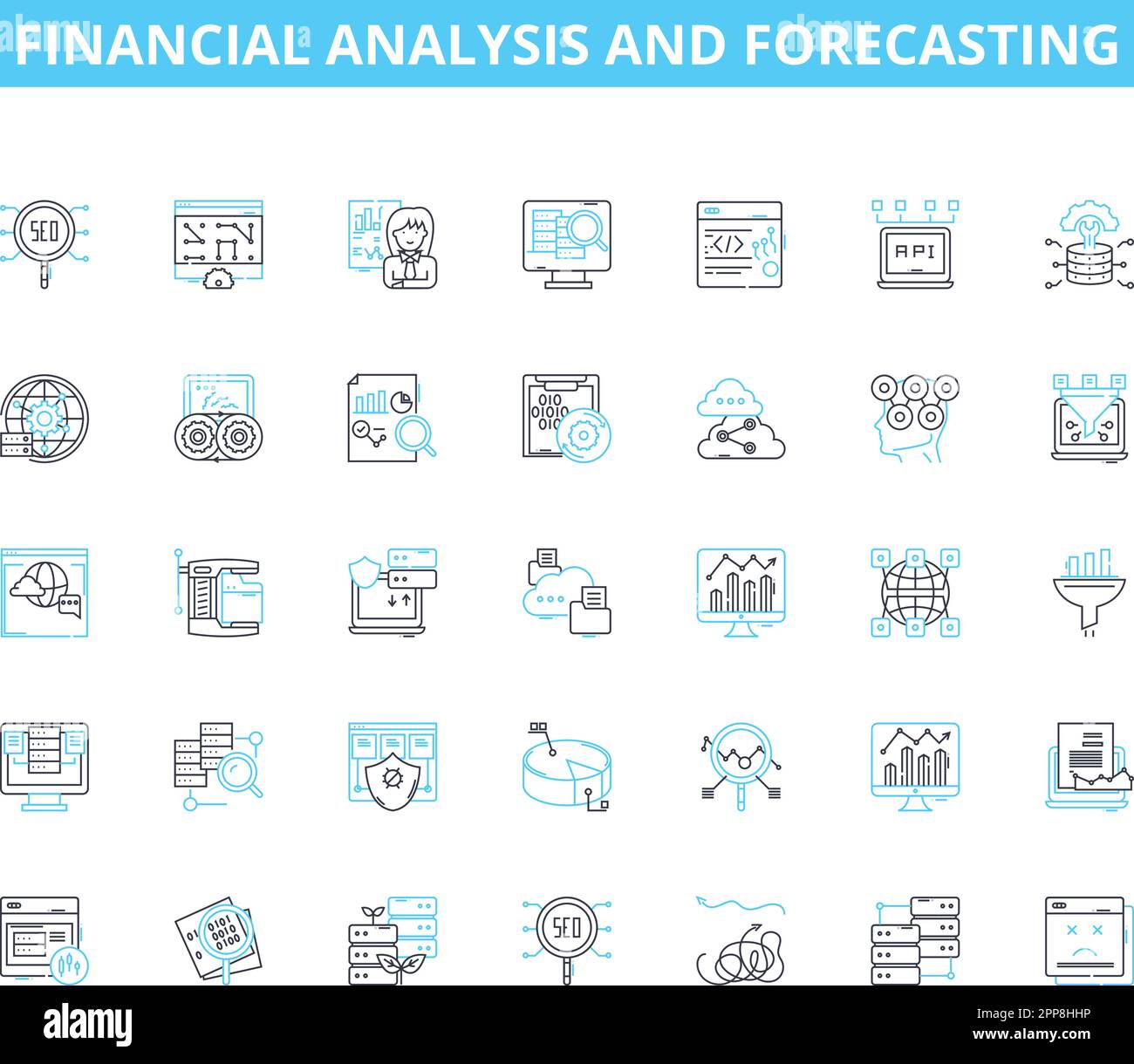 Financial analysis and forecasting linear icons set. Risk, Revenue, Budget, Investment, Cashflow, Growth, Forecasting line vector and concept signs Stock Vector
