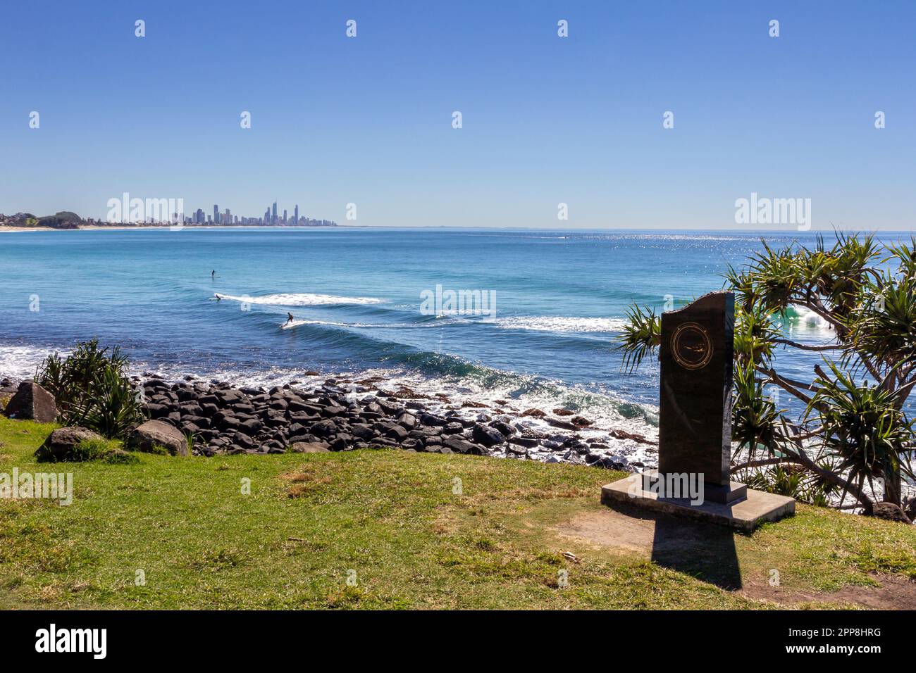 Burleigh Beach  with Surfer's Paradise in the background Stock Photo