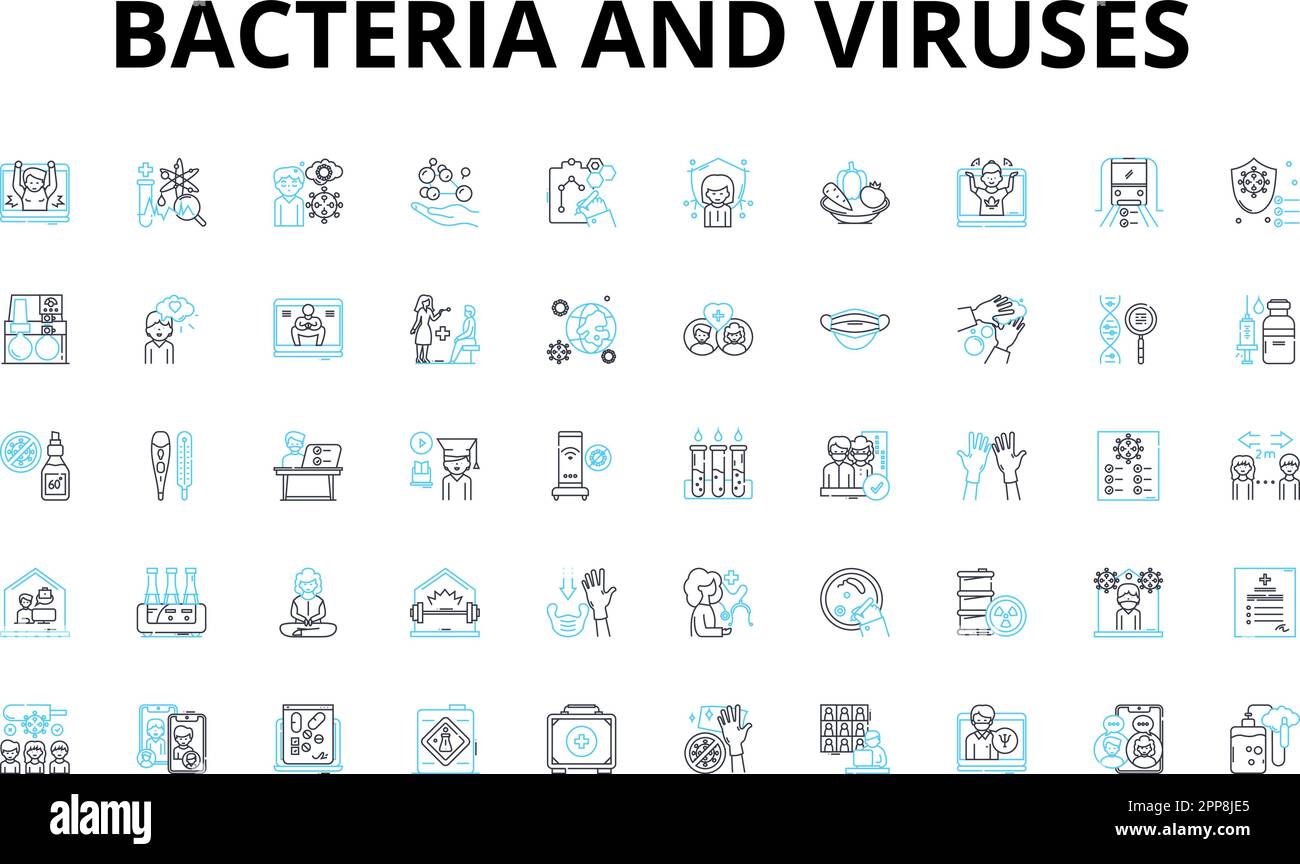 Bacteria and viruses linear icons set. Pathogen, Microbe, Infection, Contagious, Tissue, Epidemic, Host vector symbols and line concept signs Stock Vector