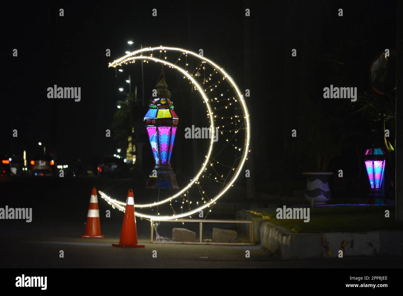 Cairo, Egypt, April 17 2023 A crescent made with led lights with