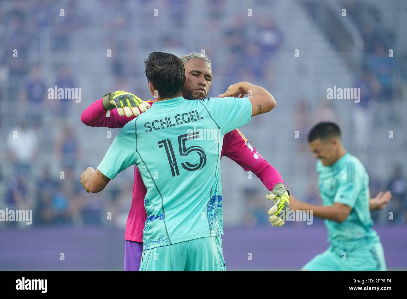 Orlando, Florida, USA, April 22, 2023, Orlando City SC goalkeeper Pedro Gallese 1 and Defender