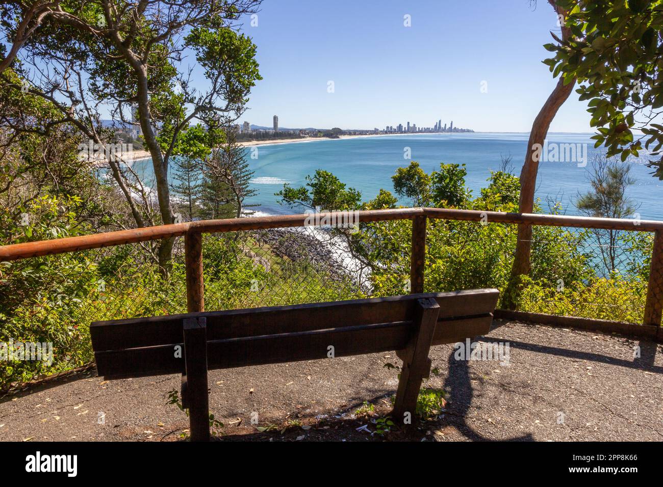 View from Burleigh Heads National Park  on a sunny summer's day overlooking Burleigh Beach and Surfer's Paradise,, Gold Coast, Queensland, AUstralia Stock Photo