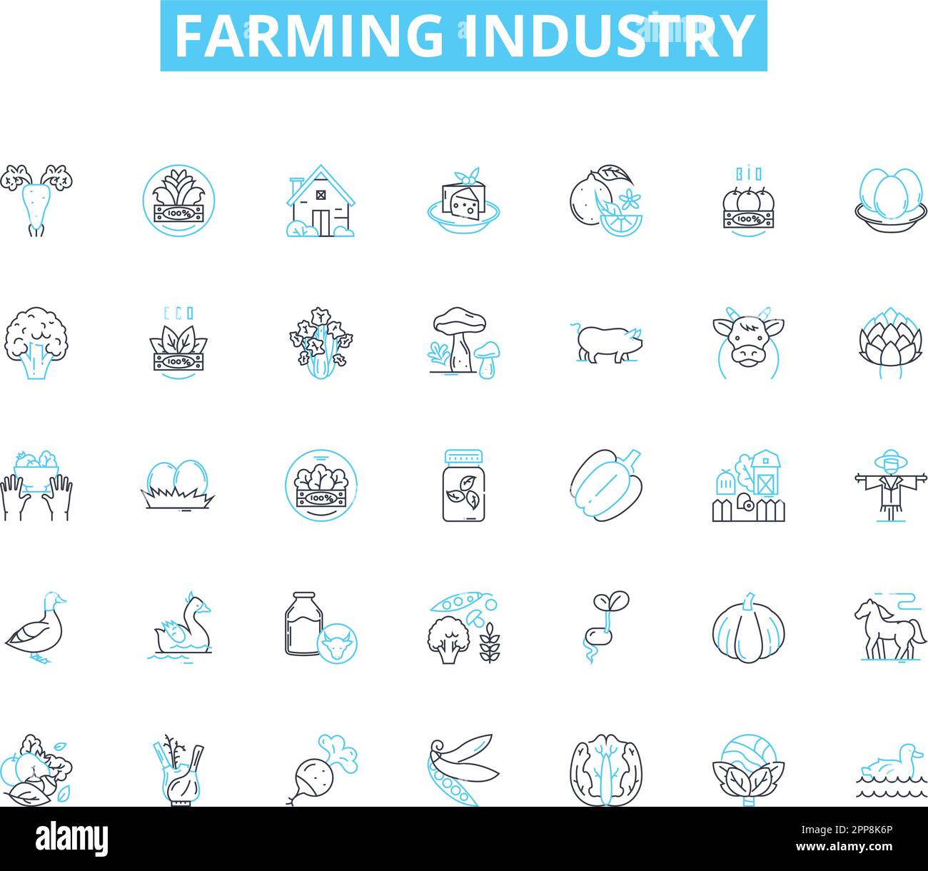 Farming industry linear icons set. Agriculture, Crops, Livestock, Harvesting, Irrigation, Fertilizers, Seeds line vector and concept signs. Tractors Stock Vector
