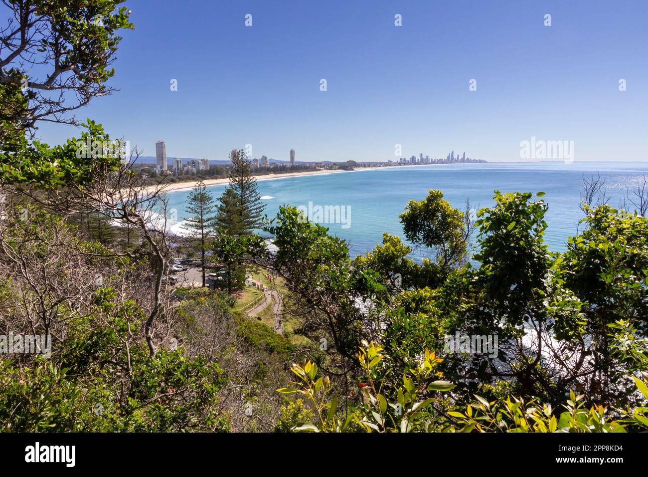 View from Burleigh Heads National Park  on a sunny summer's day overlooking Burleigh Beach and Surfer's Paradise,, Gold Coast, Queensland, AUstralia Stock Photo