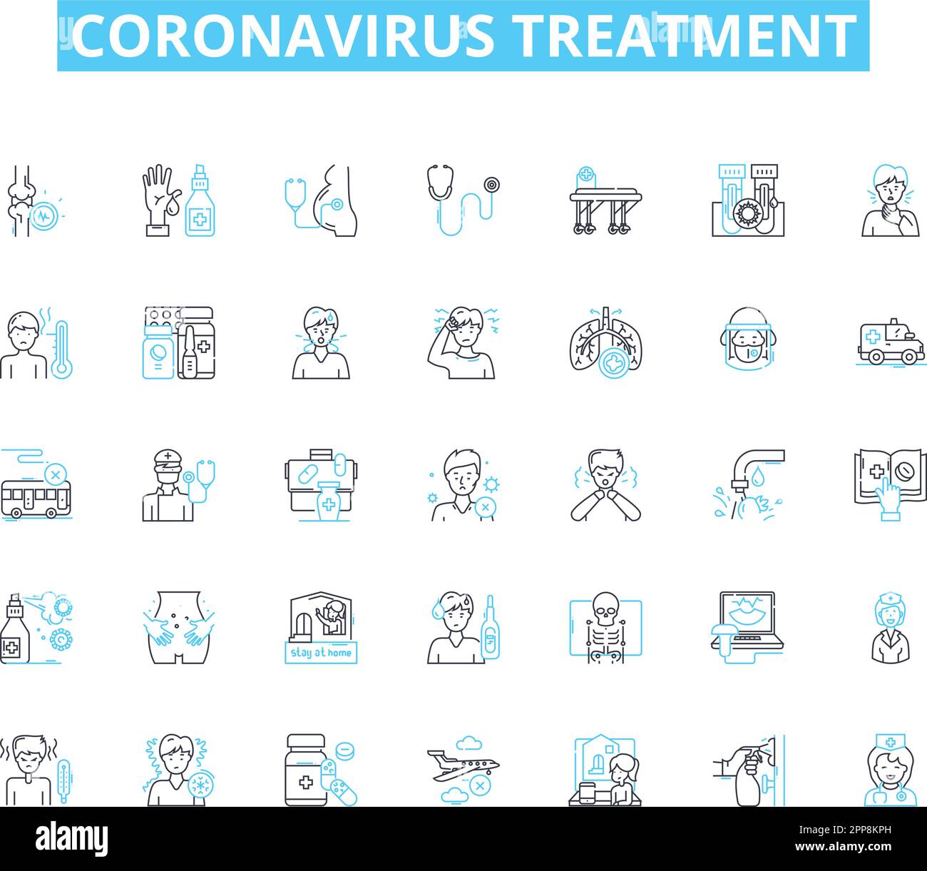 Coronavirus treatment linear icons set. Vaccine, Remdesivir, Hydroxychloroquine, Oxygen, Ventilator, Antibiotics, Antivirals line vector and concept Stock Vector