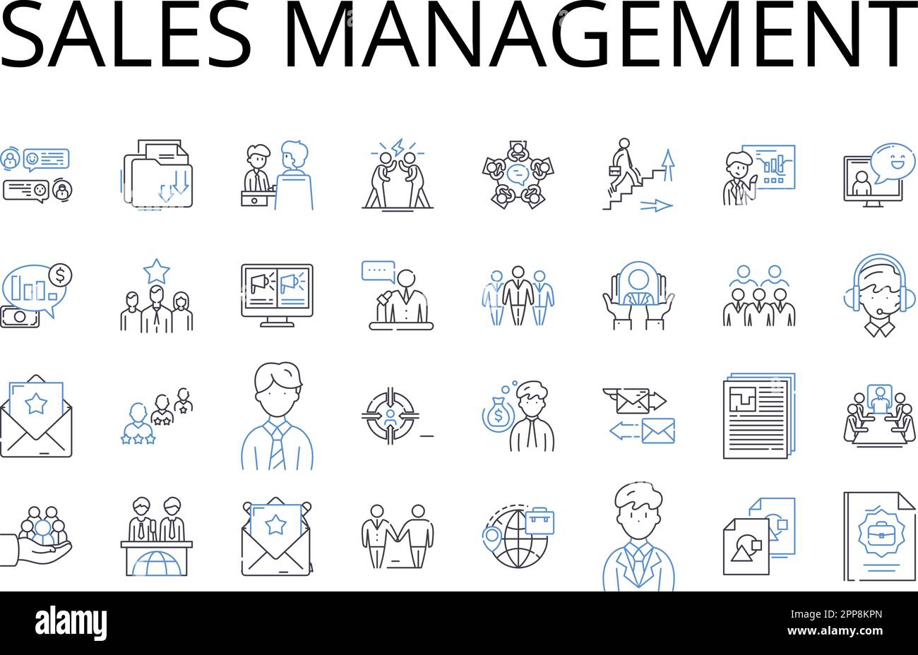 Sales management line icons collection. Sales leadership, Marketing management, Team organization, Account management, Brand management, Customer Stock Vector