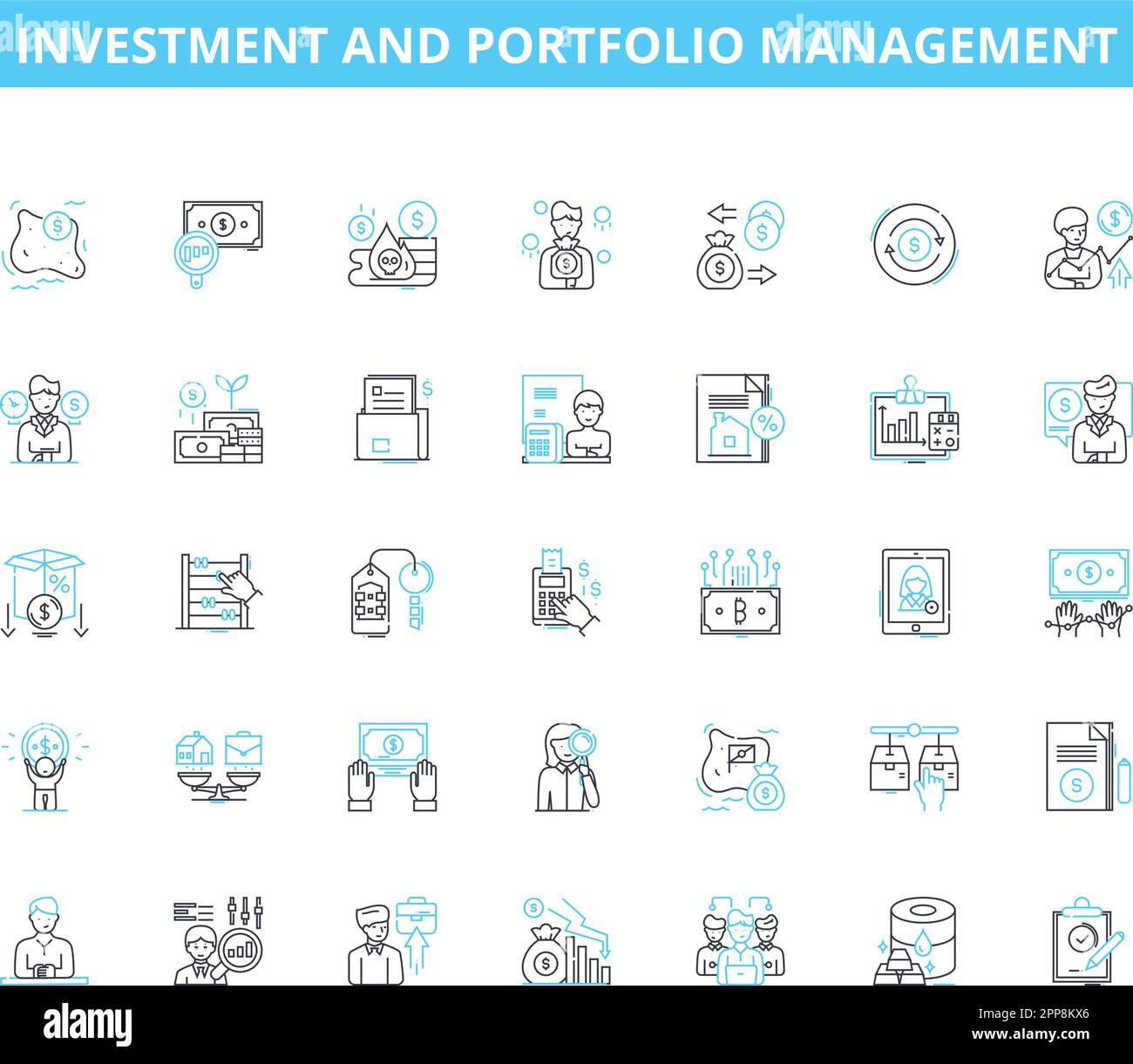 Investment and portfolio management linear icons set. Diversification, Yield, Asset allocation, Risk tolerance, Return, Capital preservation Stock Vector