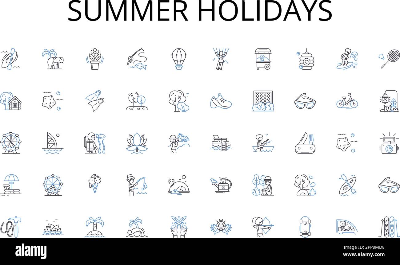 Summer holidays line icons collection. Decluttering, Arranging, Systemizing, Rationalizing, Streamlining, Simplifying, Cataloguing vector and linear Stock Vector