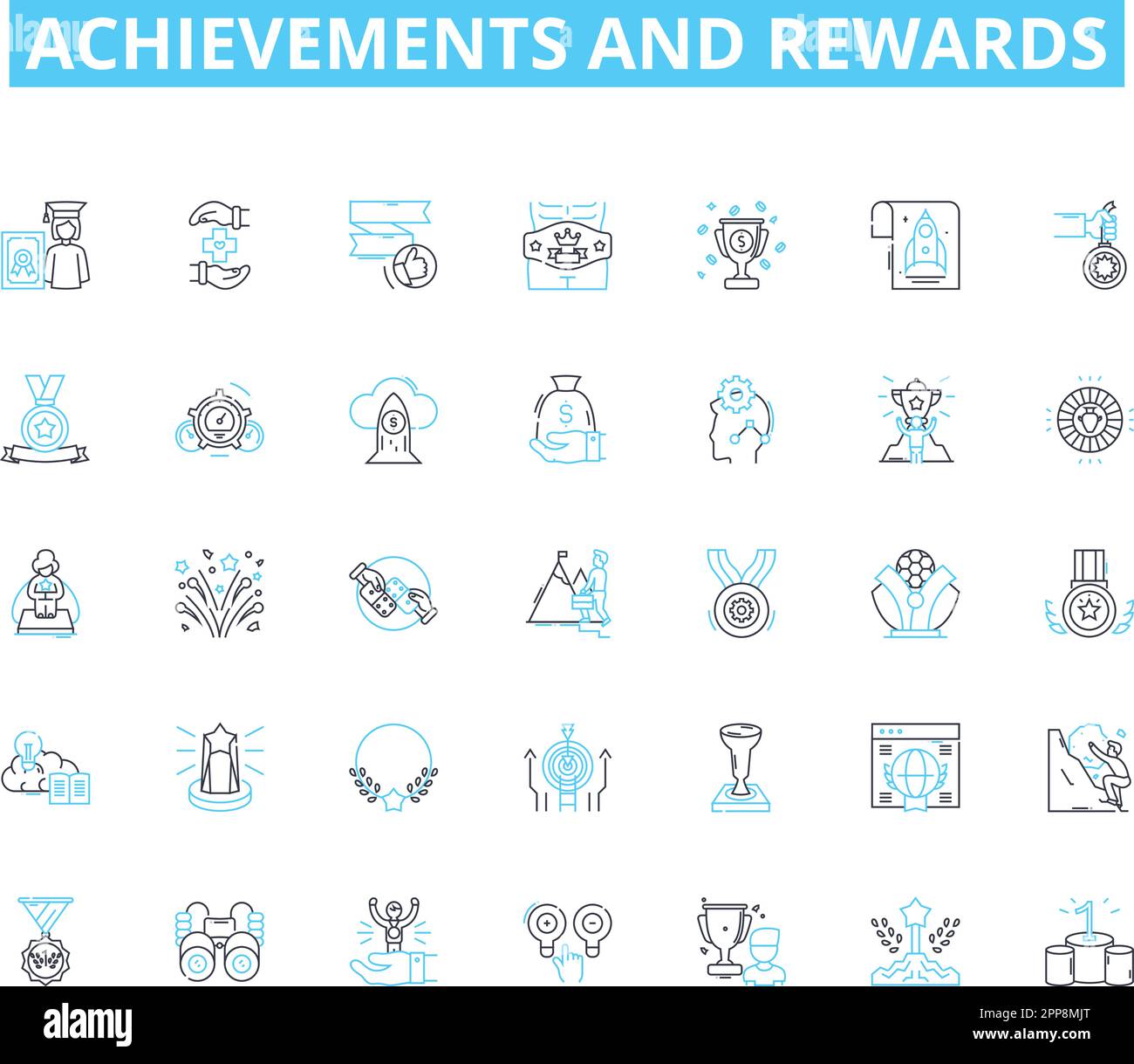 Achievements and rewards linear icons set. Accomplished, Successful, Victory, Champion, Achievement, Accomplishment, Success line vector and concept Stock Vector