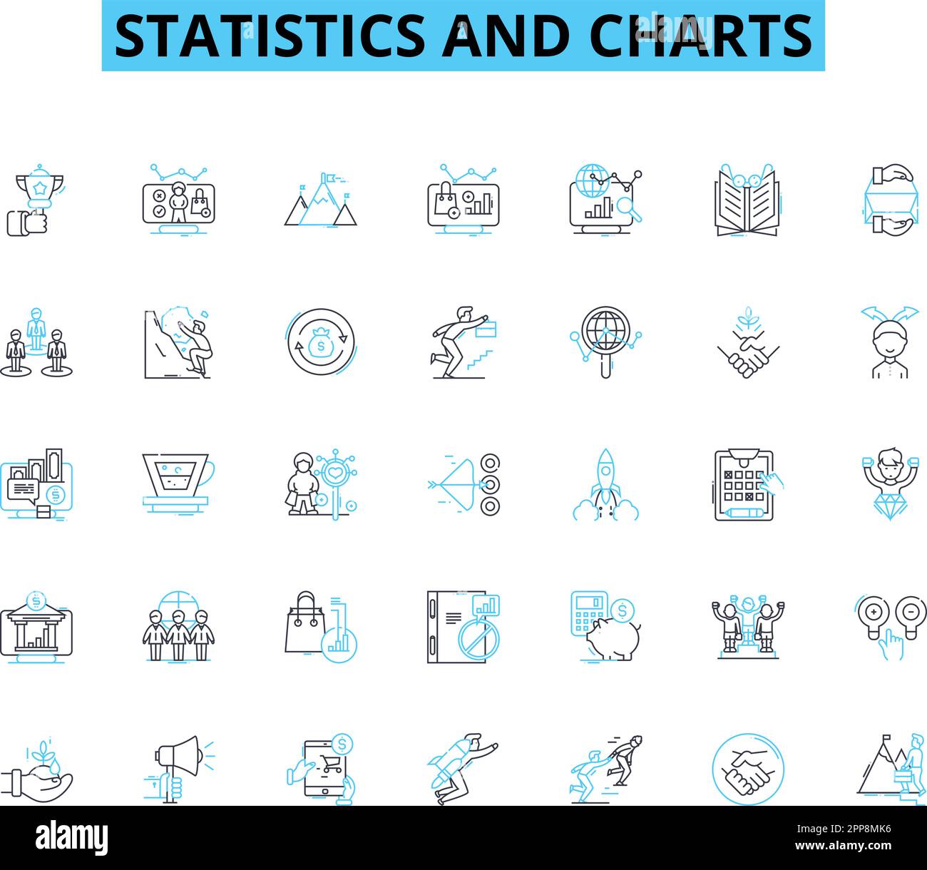 Statistics and charts linear icons set. Data, Graphs, Trends, Variance, Correlation, Standard deviation, Scatterplot line vector and concept signs Stock Vector