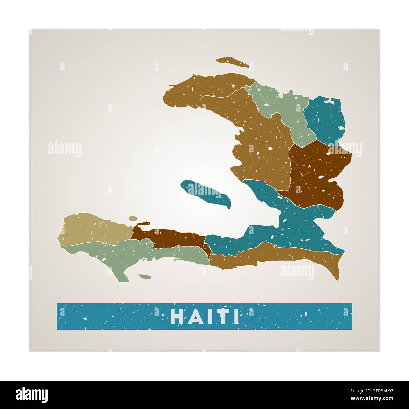 Haiti map. Country poster with regions. Old grunge texture. Shape of Haiti with country name. Charming vector illustration. Stock Vector