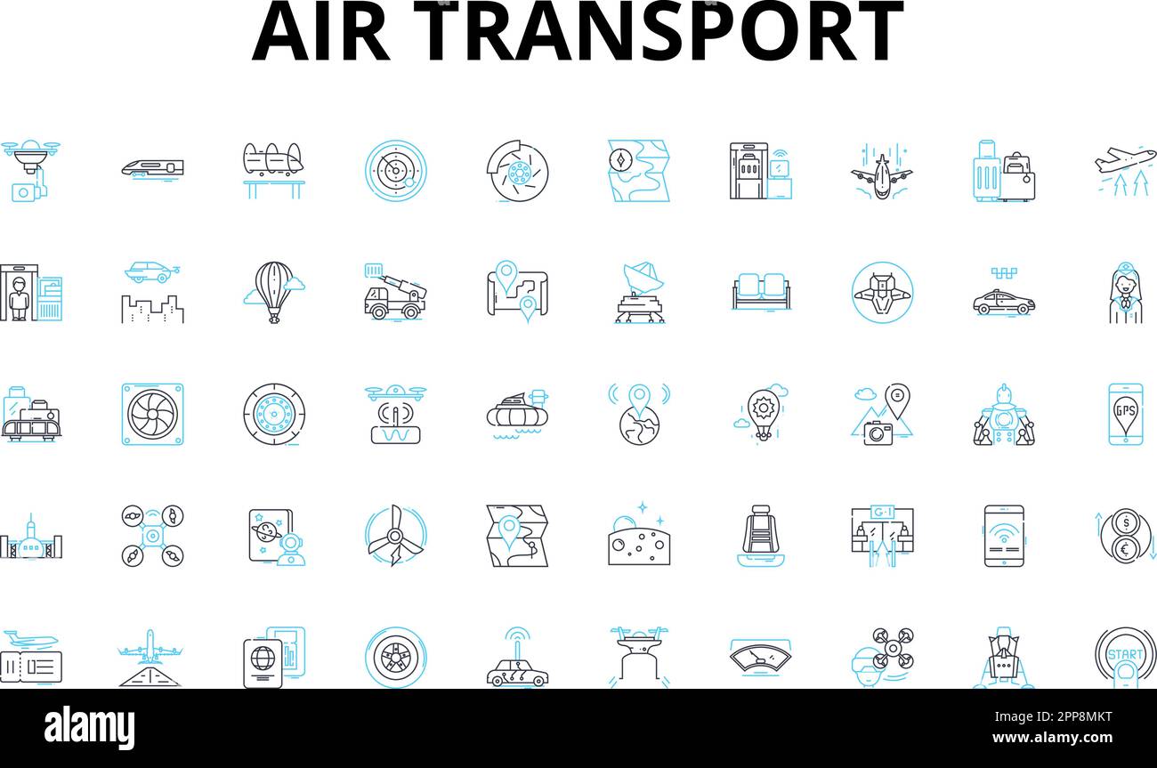 Air transport linear icons set. Flight, Plane, Jet, Helicopter, Airport, Runway, Takeoff vector symbols and line concept signs. Landing,Altitude,Cabin Stock Vector