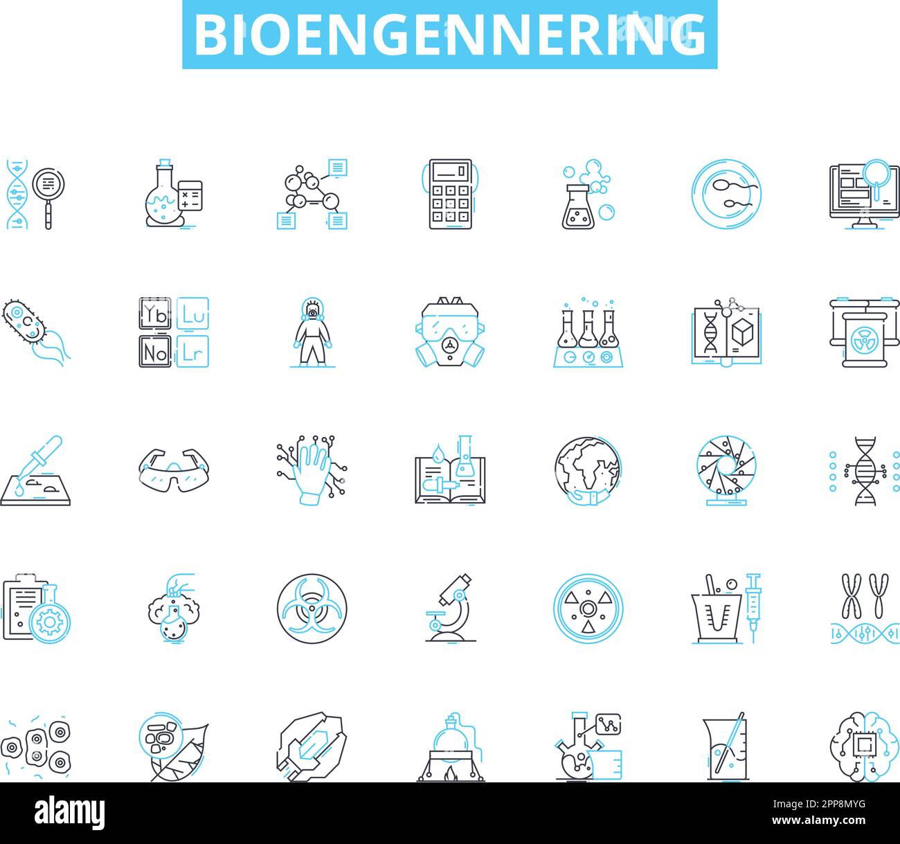 Bioengennering linear icons set. Biomaterials, Biomechanics, Bioprocessing, Bioreactors, Nanotechnology, Tissue engineering, Biocompatibility line Stock Vector