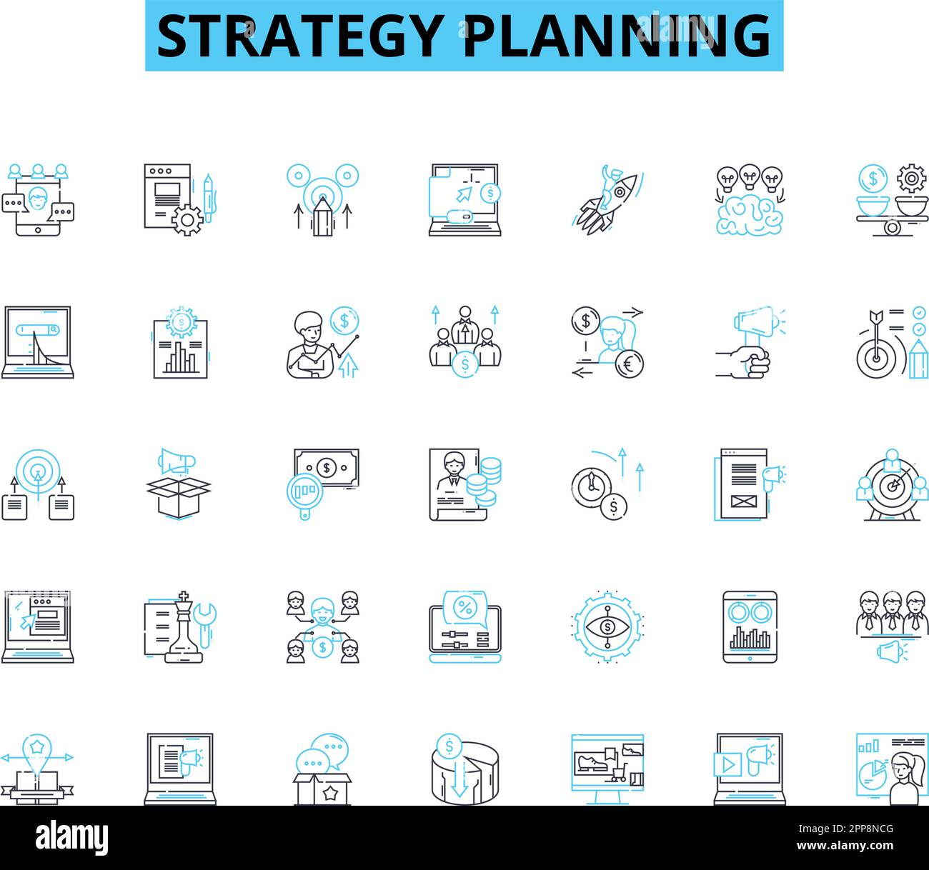 strategy planning linear icons set. Alignment, Analysis, Approach ...