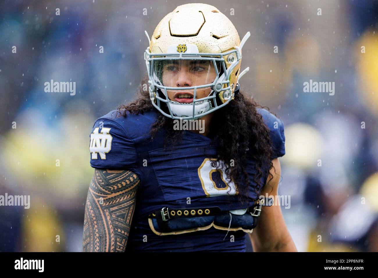 April 22, 2023:  Notre Dame linebacker Marist Liufau (8) during pregame of the Notre Dame Annual Blue-Gold Spring football game at Notre Dame Stadium in South Bend, Indiana.  Gold defeated Blue 24-0.  John Mersits/CSM.(Credit Image: © John Mersits/Cal Sport Media) Stock Photo