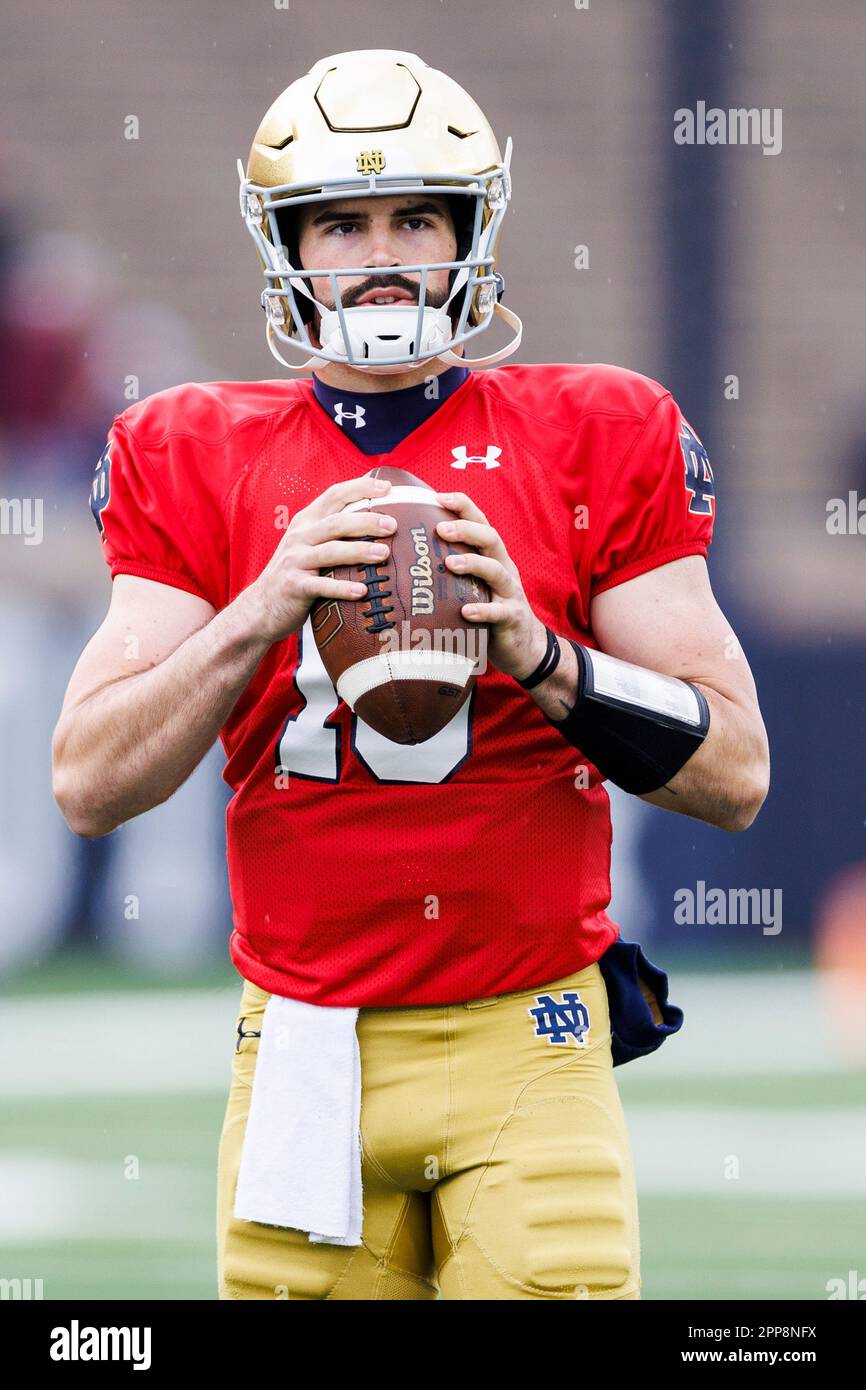 April 22, 2023: Notre Dame quarterback Sam Hartman (10) during pregame of the Notre Dame Annual Blue-Gold Spring football game at Notre Dame Stadium in South Bend, Indiana. Gold defeated Blue 24-0. John Mersits/CSM. Stock Photo