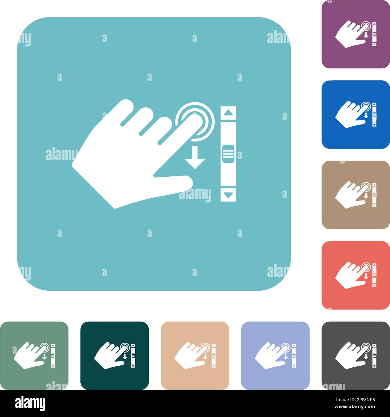 Left handed scroll down gesture white flat icons on color rounded square backgrounds Stock Vector