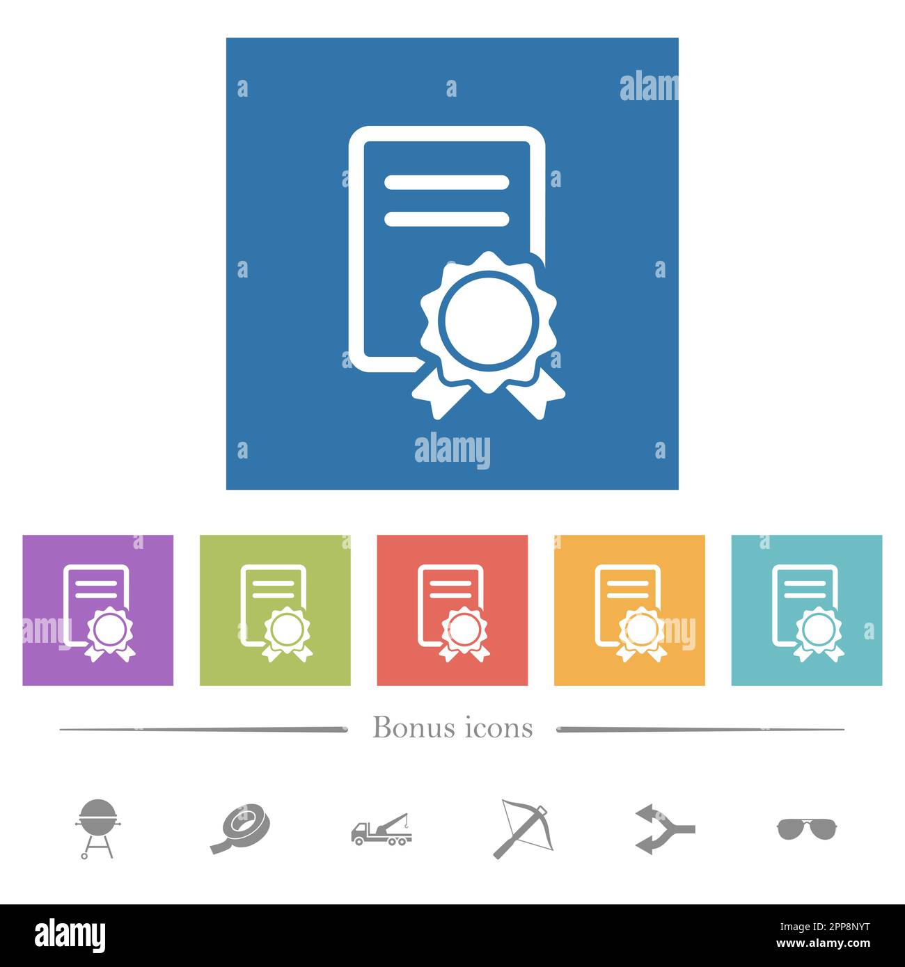 Certificate flat white icons in square backgrounds. 6 bonus icons ...