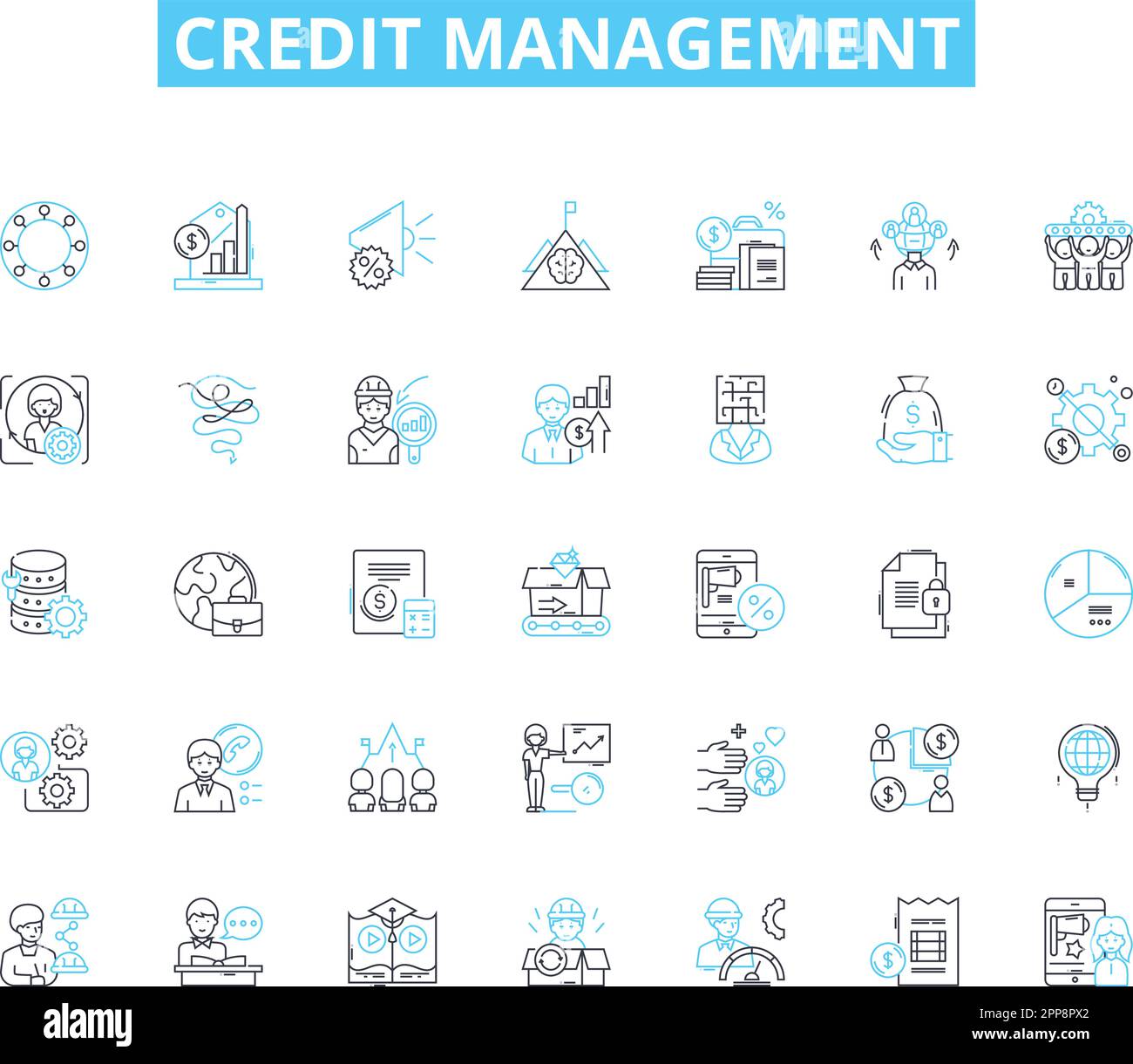 Credit management linear icons set. Budgeting, Debt, Score, Reports, Risk, Monitoring, Payments line vector and concept signs. Interest,Collections Stock Vector