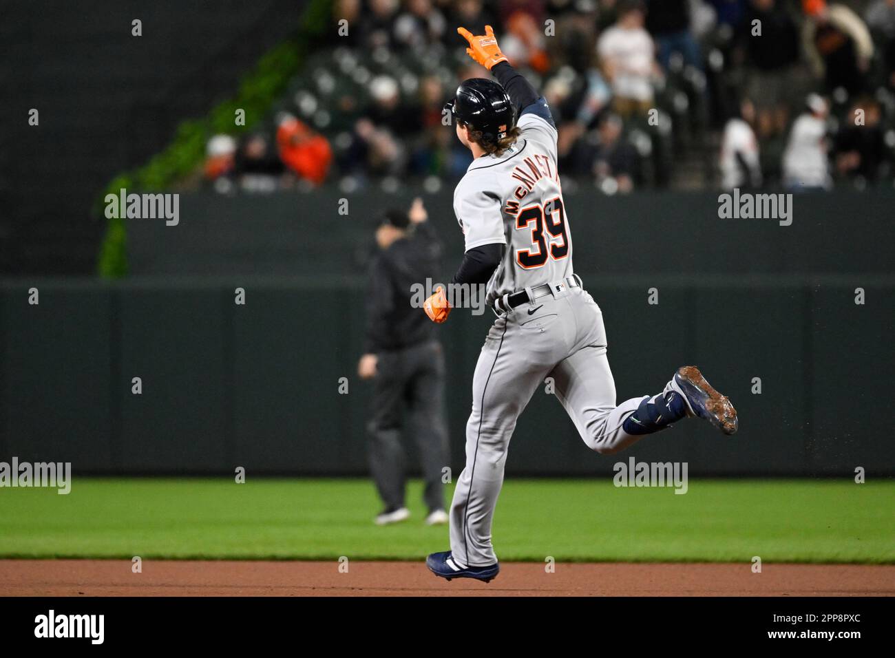 Detroit Tigers' Zach McKinstry (39) gestures after hitting a solo home run  against Baltimore Orioles starting pitcher Kyle Gibson during the seventh  inning of a baseball game, Saturday, April 22, 2023, in