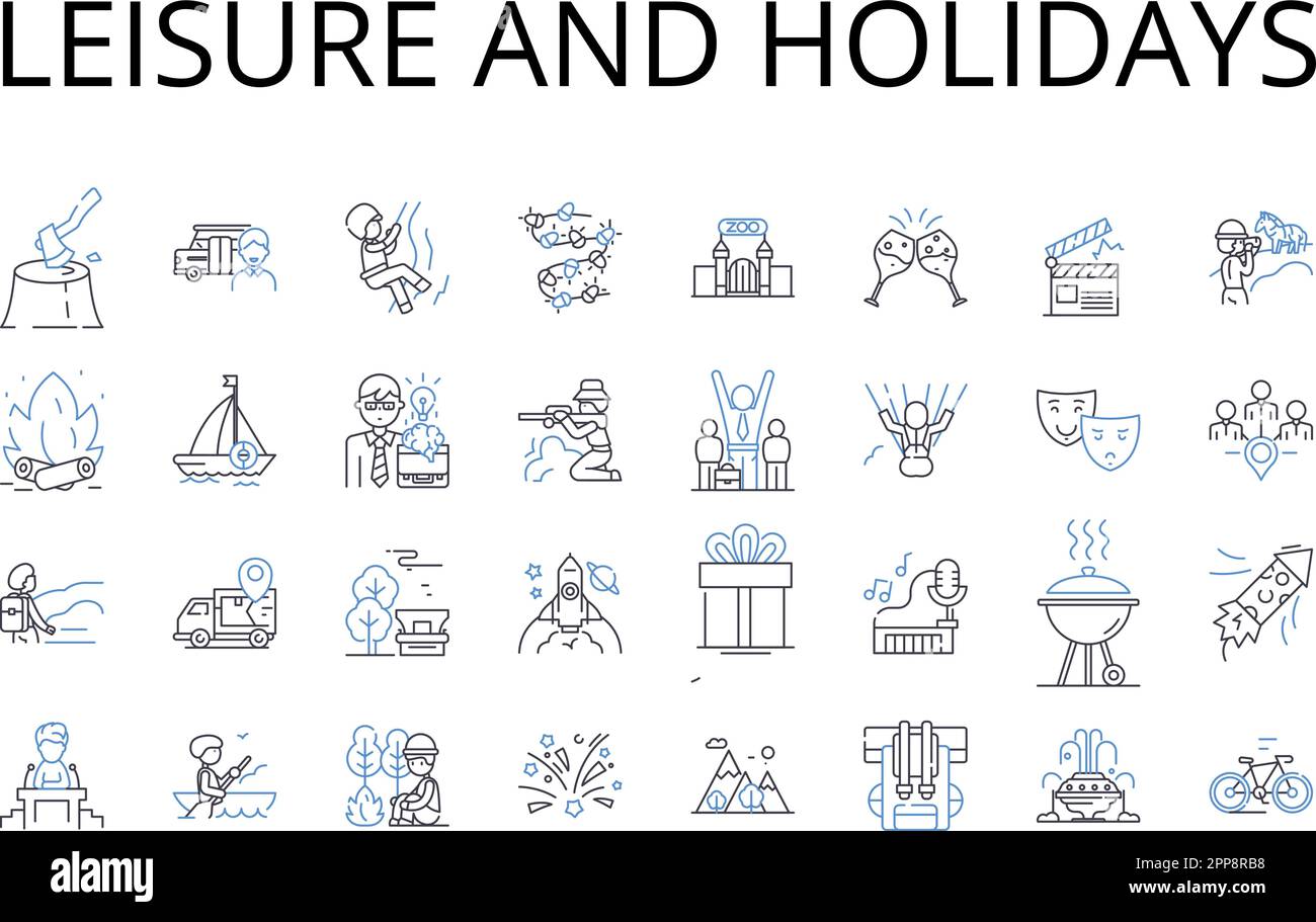 Leisure and holidays line icons collection. Peaceful retreat, Festive celebrations, Joyful pastimes, Recreational pursuits, Serene repose, Amusing Stock Vector