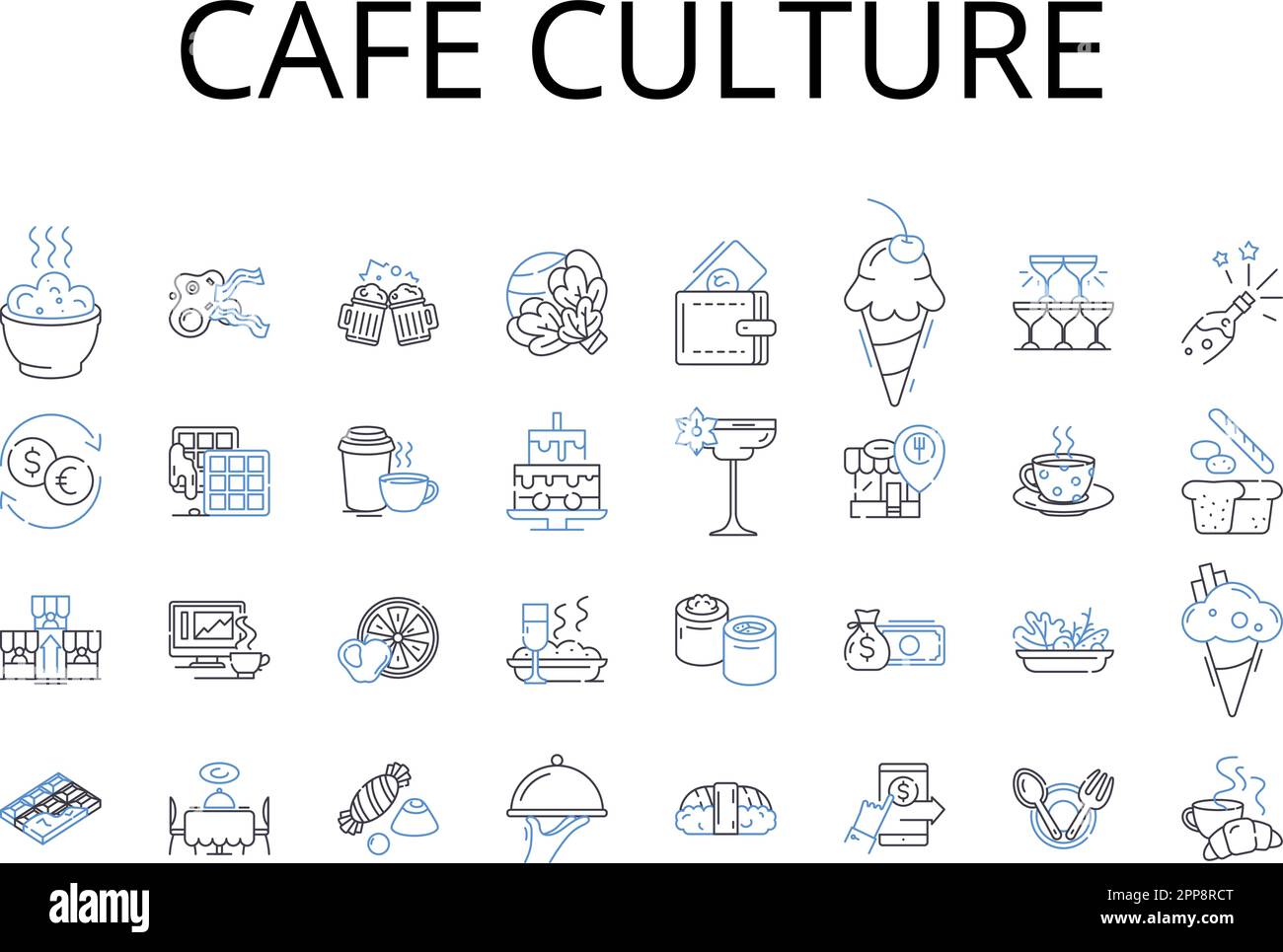 Cafe culture line icons collection. Food scene, Urban style, Street fashion, Music culture, Art community, Nightlife scene, Beach culture vector and Stock Vector