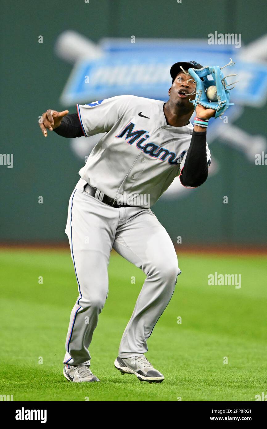 Miami Marlins' Jesús Sánchez catches a fly ball hit by Cleveland
