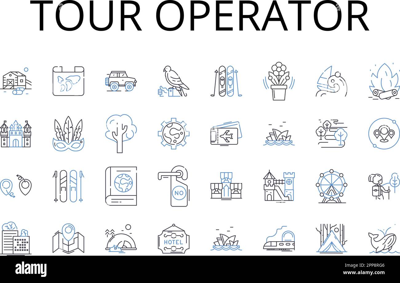 Tour operator line icons collection. Travel agency, Vacation planner, Tour guide, Expedition leader, Adventure organizer, Road trip expert, Getaway Stock Vector
